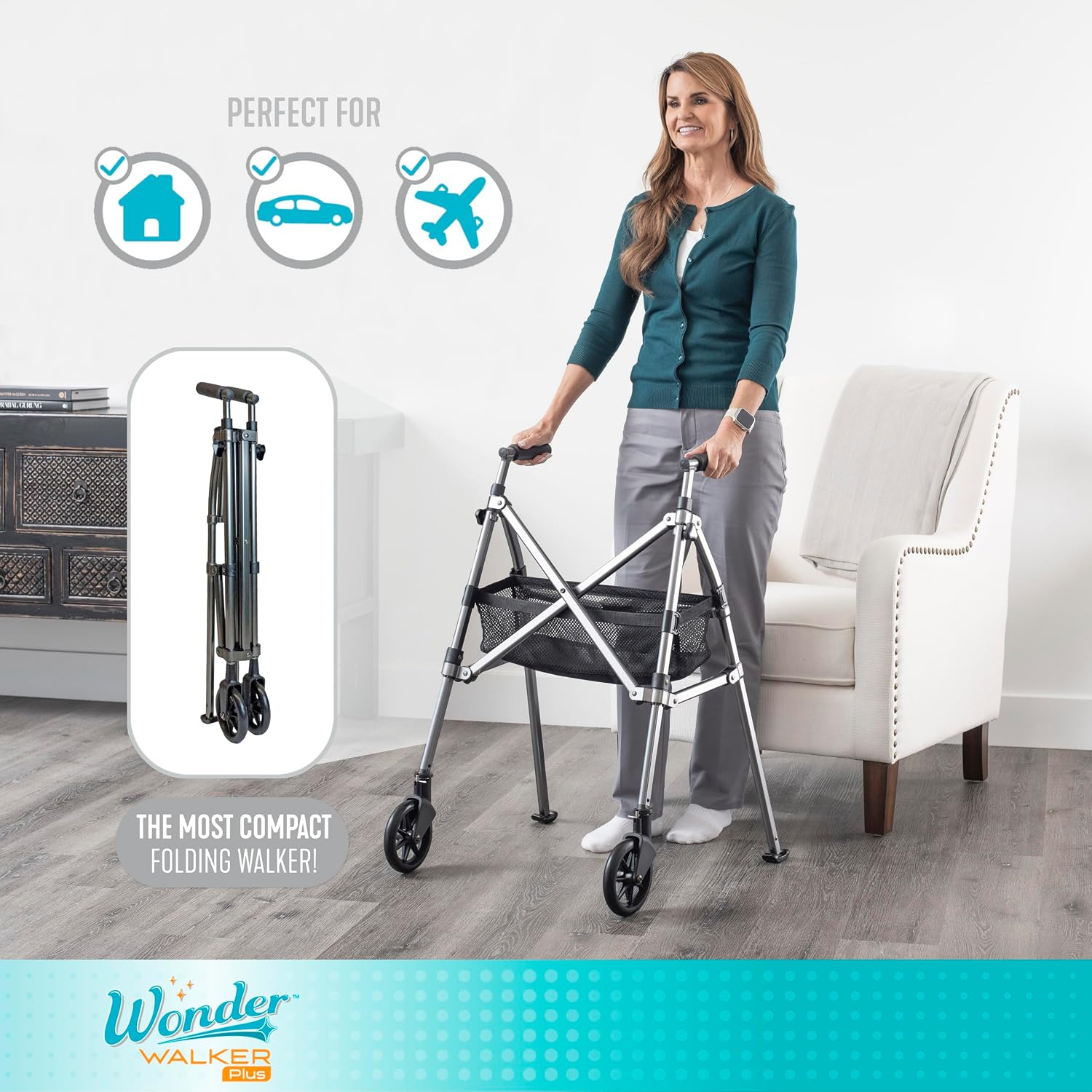 Stander Wonder Walker Plus, Lightweight Folding Mobility Aid for Adults, Seniors, and Elderly, Collapsible Travel EZ Fold-N-Go with Wheels, Glides, & Basket, Cobalt Blue
