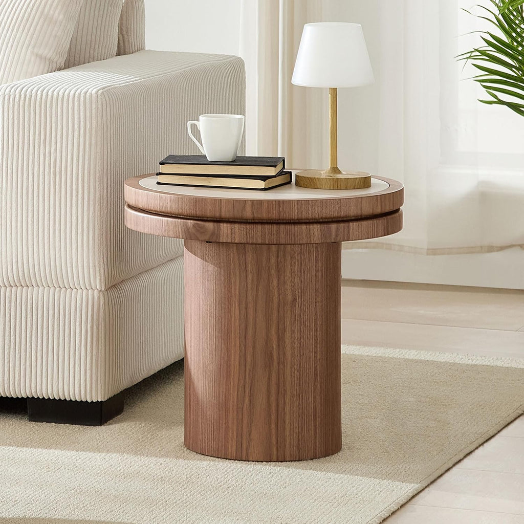 JUSTONE 19.49 '' Round Fluted Coffee Table Small Accent Table for Living Room,Modern Small Accent Table Sofa Side End Table for Living Room,Home Balcony(Walnut)