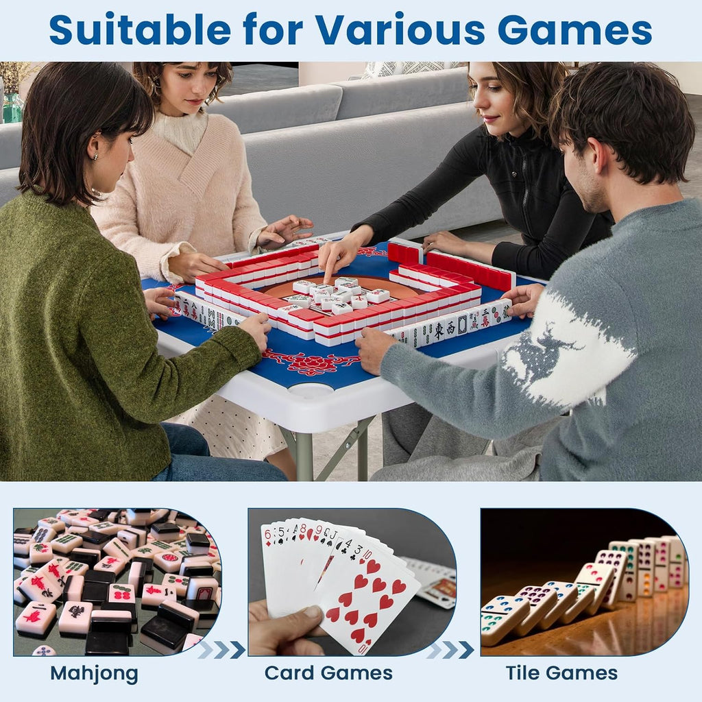 Goplus Mahjong Table, 35' Square Folding Card Table w/4Cup Holders, Anti Slip Mat, HDPE Tabletop, Metal Legs, Portable Mahjong Game Table for Domino Game, Picnic (Table w/Removable Mat, Blue)