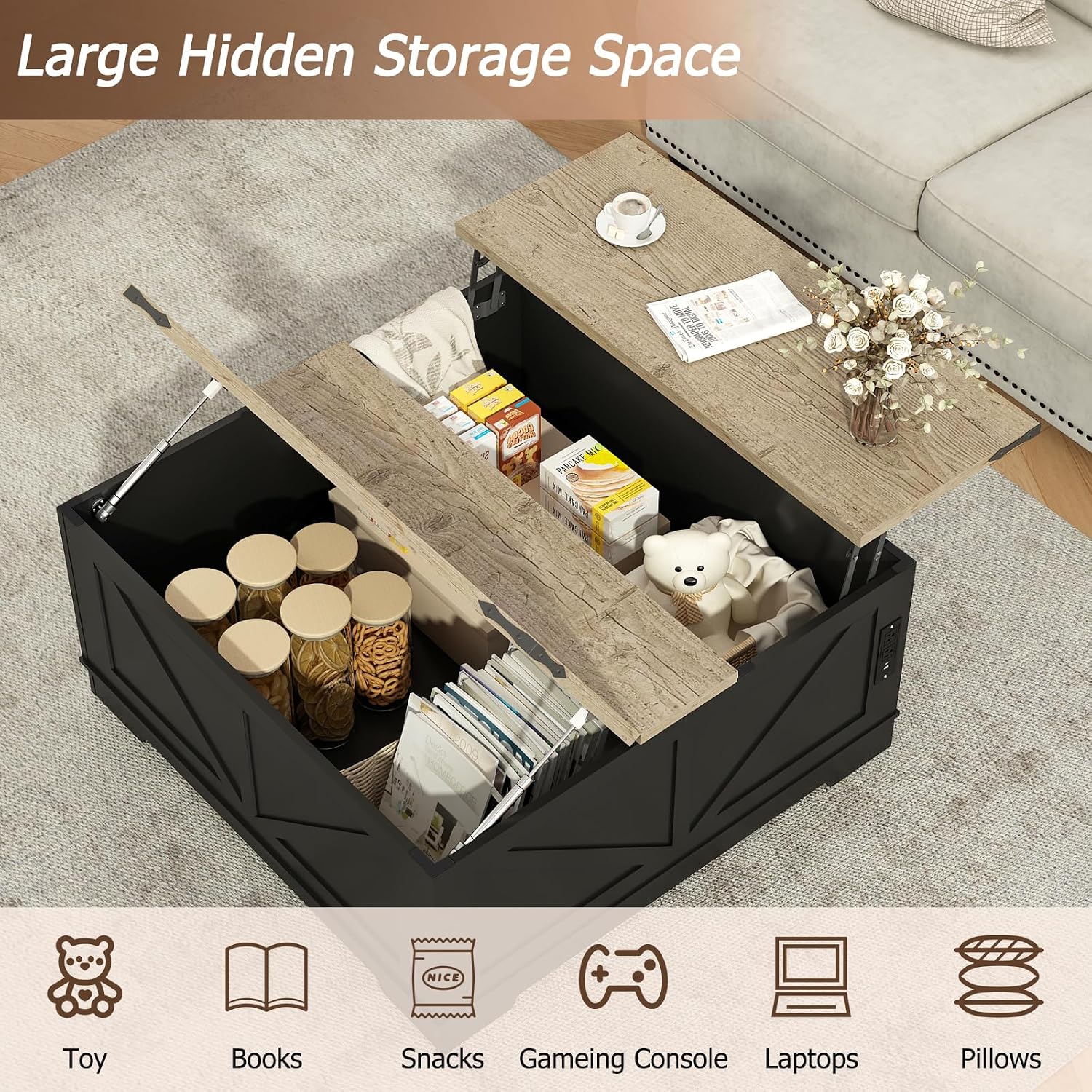 EAG 40' Large Farmhouse Lift Top Coffee Table with Hidden Compartment & Power Outlets, Square Wooden Coffee Table with Multi-Function Flip-Top Ample Storage Center Table for Living Room, Black