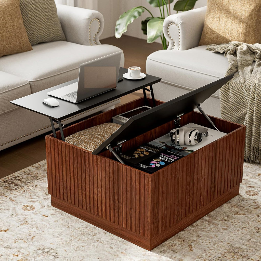 LCRBOL 31.5' Lift Top Coffee Table with Storage, Mid-Century Coffee Tables for Living Room, Square Dining Table with Large Hidden Storage Compartment & Adjustable Shelves, Walnut & Black