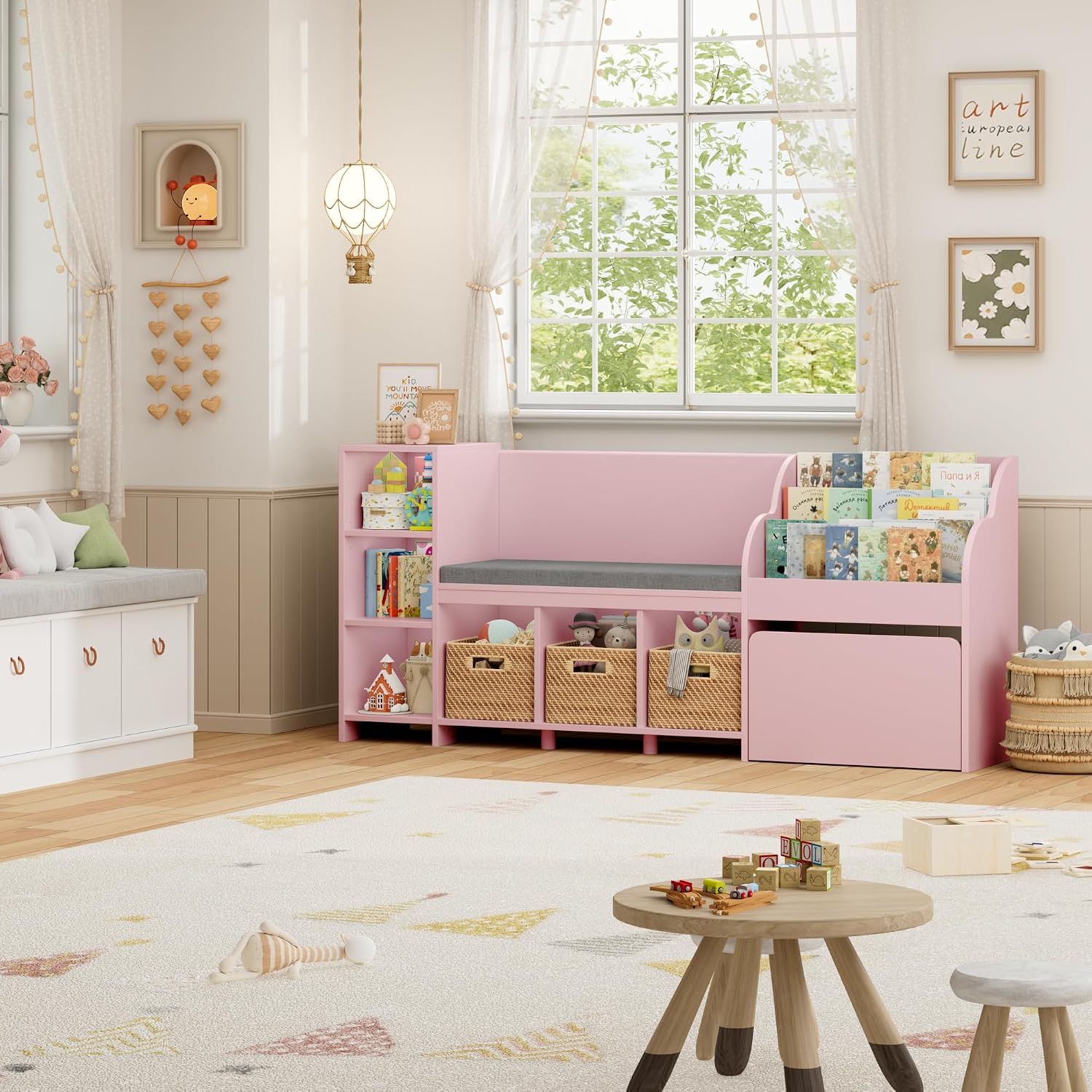 HOSTACK 67' W Kids Reading Nook with Toy Storage Organizer, Large Kids Bookshelf with Toy Storage Box on Wheels, Big Kid Bookcase with Bench and 6 Open Cubbies for Playroom, Kid Room, Pink