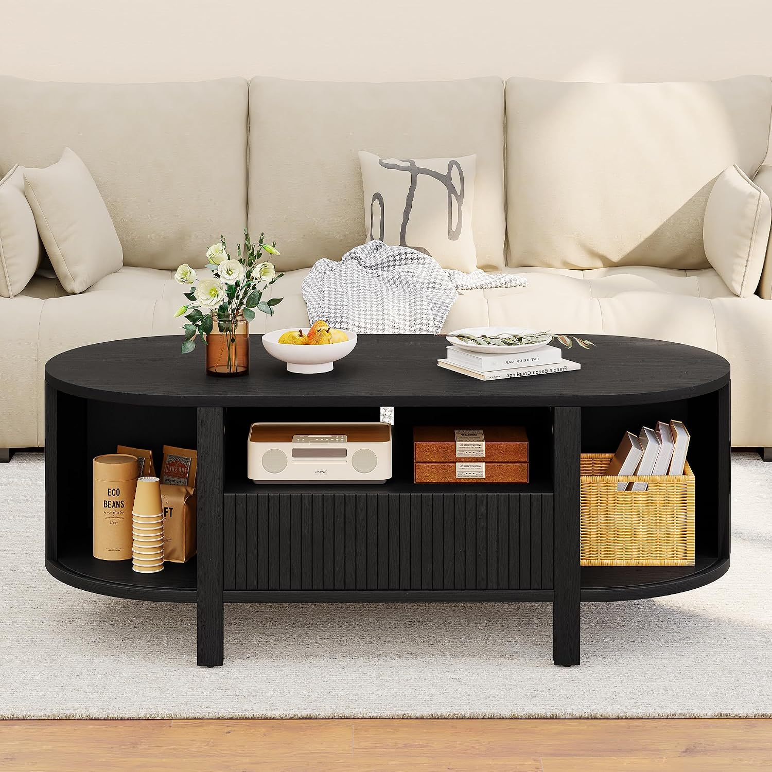 ComfyCorner 47' Oval Coffee Table, Tambour Design Coffee Tables for Living Room, Mid Century Modern Wood Coffee Table, 3-Tier Accent Center Table with Storage, Large Drawer, Black