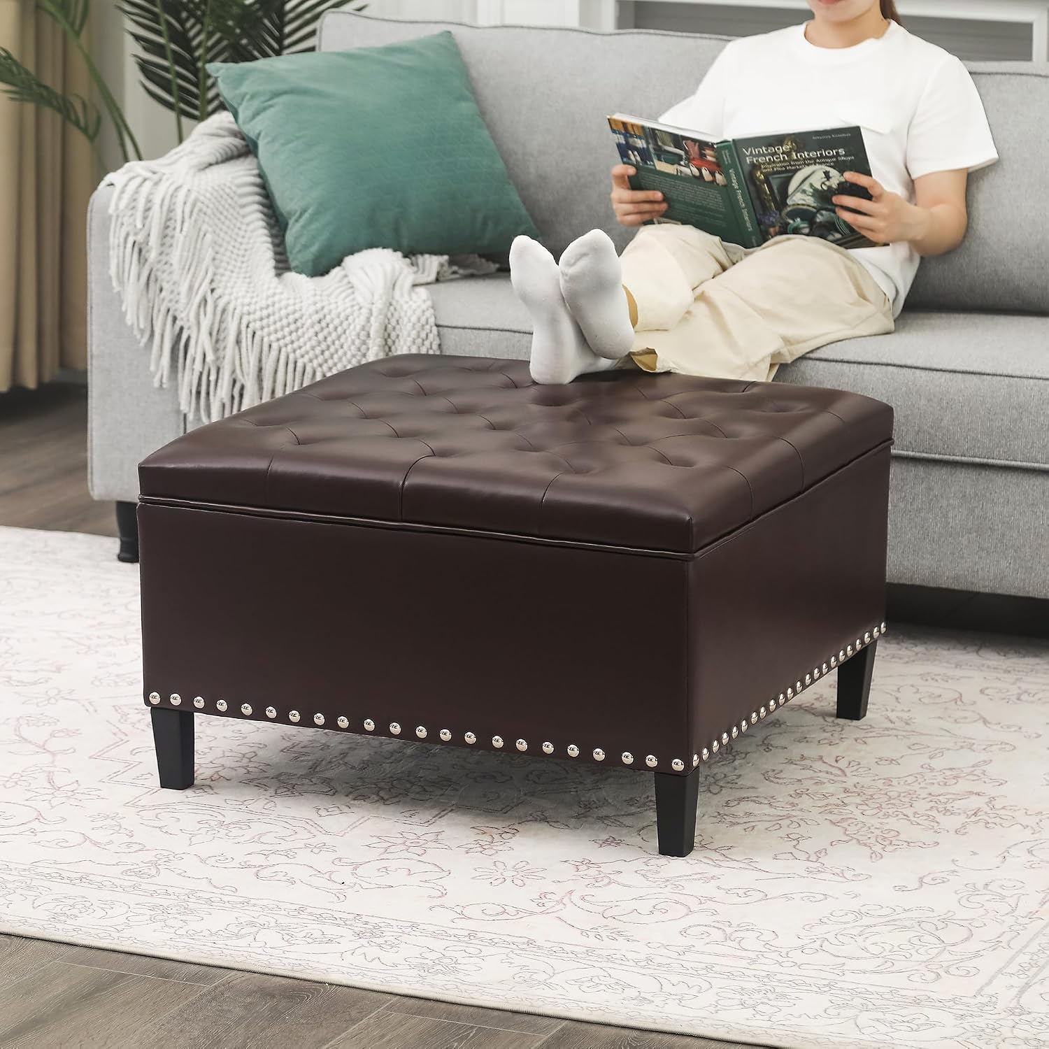 Joveco Storage Ottoman Square Leather Bench, Tufted Large Coffee Table with Wood Legs for Living Room Bedroom Entryway (Dark Brown)