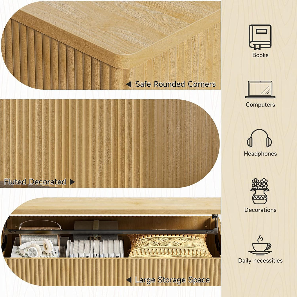 ONBRILL Fluted Lift Top Coffee Table with Storage, Mid Century Modern Coffee Table with Hidden Compartment, Rising Top Wood Center Table for Living Room, Home Office, Rounded Edges (Natural Oak)