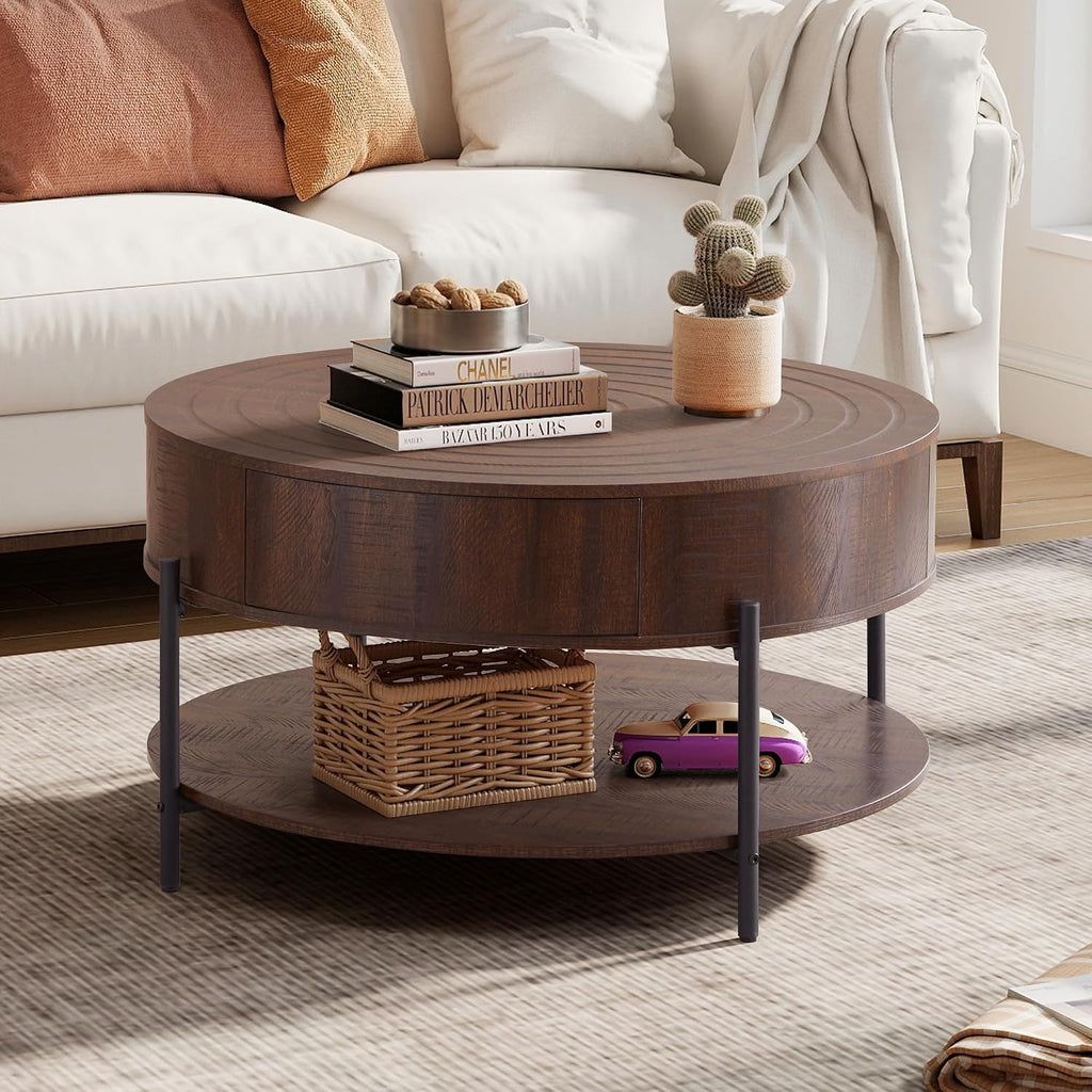 RARZOE 30.5' Round Coffee Table with Storage, Wooden Circle Coffee Table with Drawer, Storage Shelf, Metal Legs，Small Dining Table Accent Center Table for Living Room Home Office Apartment,Dark Brown