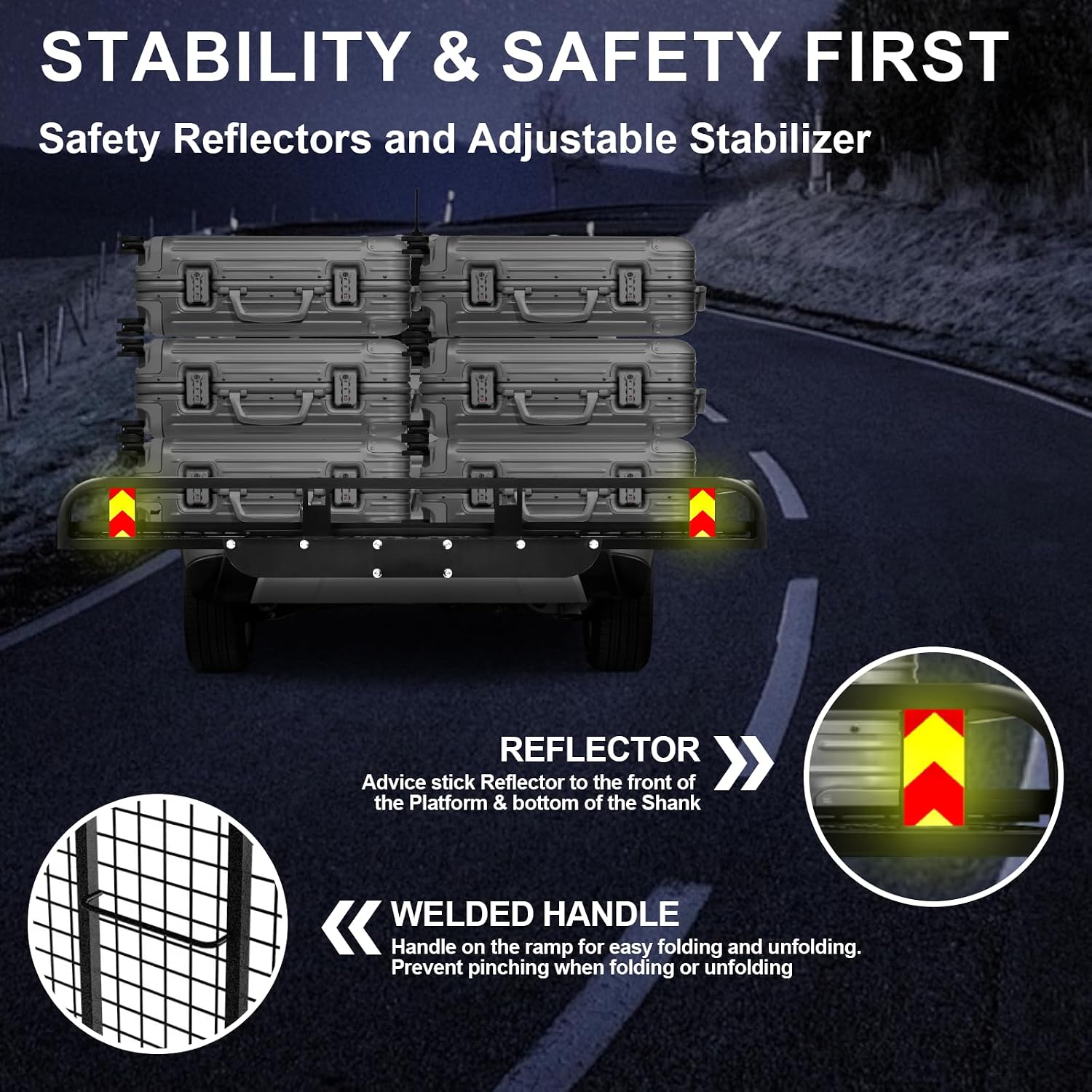 Foldable Cargo Carrier, 800 LBS Load Hitch Cargo Carrier with Reflective Strips & Straps & Alloy Steel Structure, Mobility Scooter Carrier for Outdoor Enthusiasts and Disability Aid