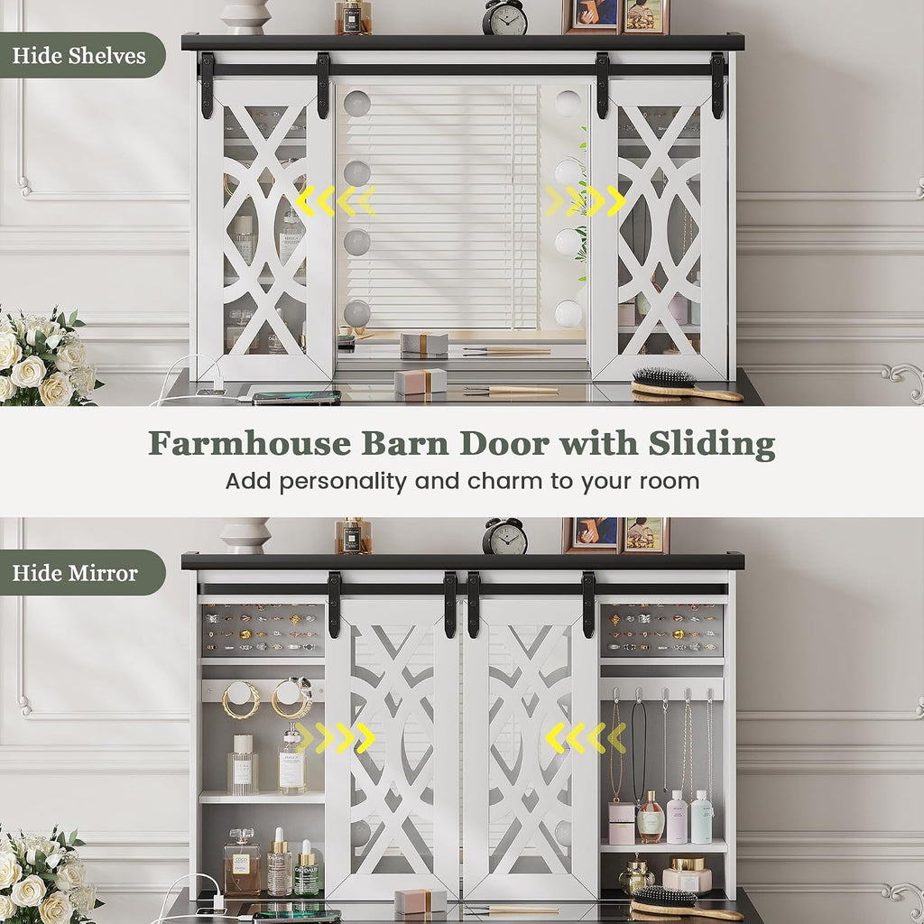 Farmhouse Makeup Vanity with Mirror & Lights, Large Vanity Desk with 5 Drawers & 9 Storage Shelves, Dressing Table with Jewelry Armoire, Vanity Gifts for Wife Girlfriends Women Lady Girl, White