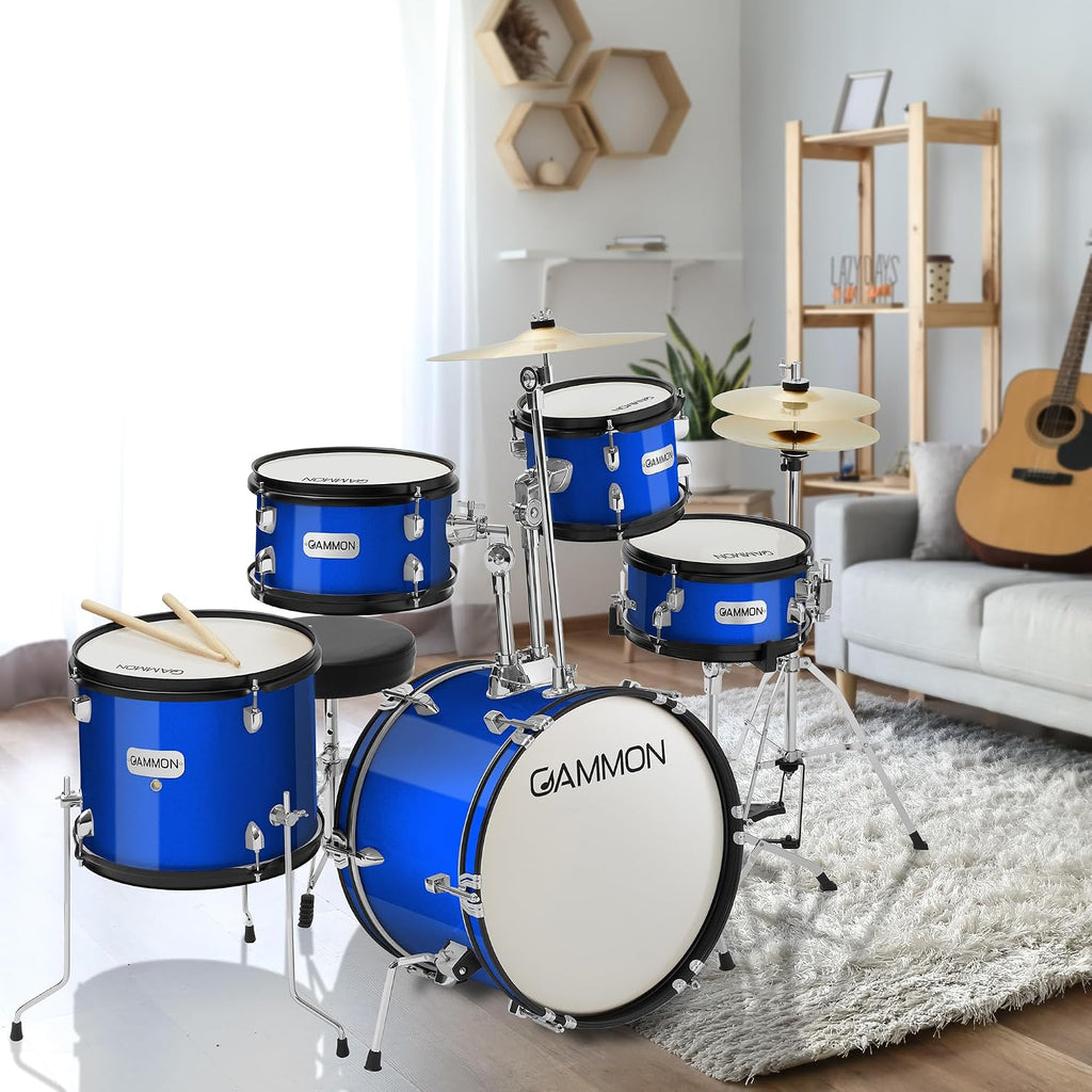 Gammon Percussion 5-Piece Junior Starter Drum Kit with Cymbals, Hardware, Sticks, & Throne - Blue