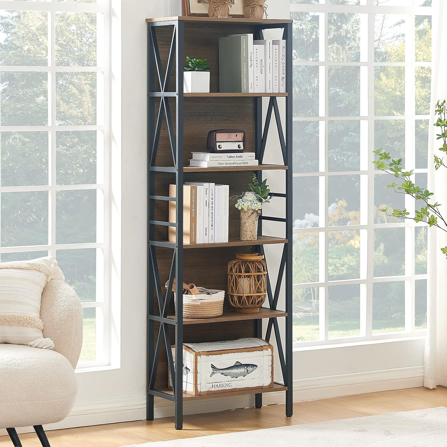 HOMISSUE Tall Bookshelf, 6-Tier Book Shelf, Rustic Wood Metal Bookshelves and Bookcases, Freestanding and Industrial Open Bookcase for Home Office, Living Room and Bedroom, Vintage Brown