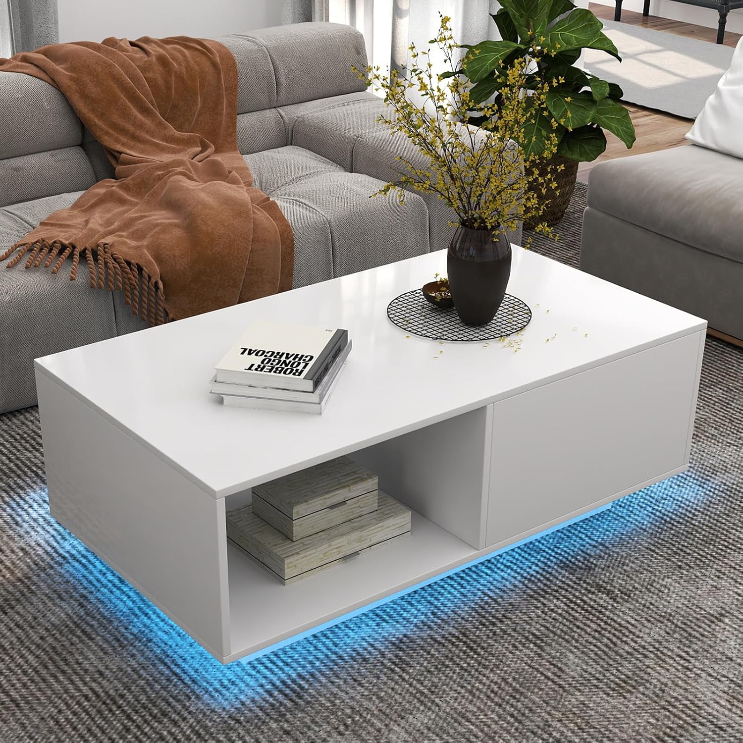 LED White Coffee Table for Living Room with Drawer & 16 Colors Lights, 43.3IN High Gloss Modern Coffee Table with Storage Space, Rectangle Side Central Table