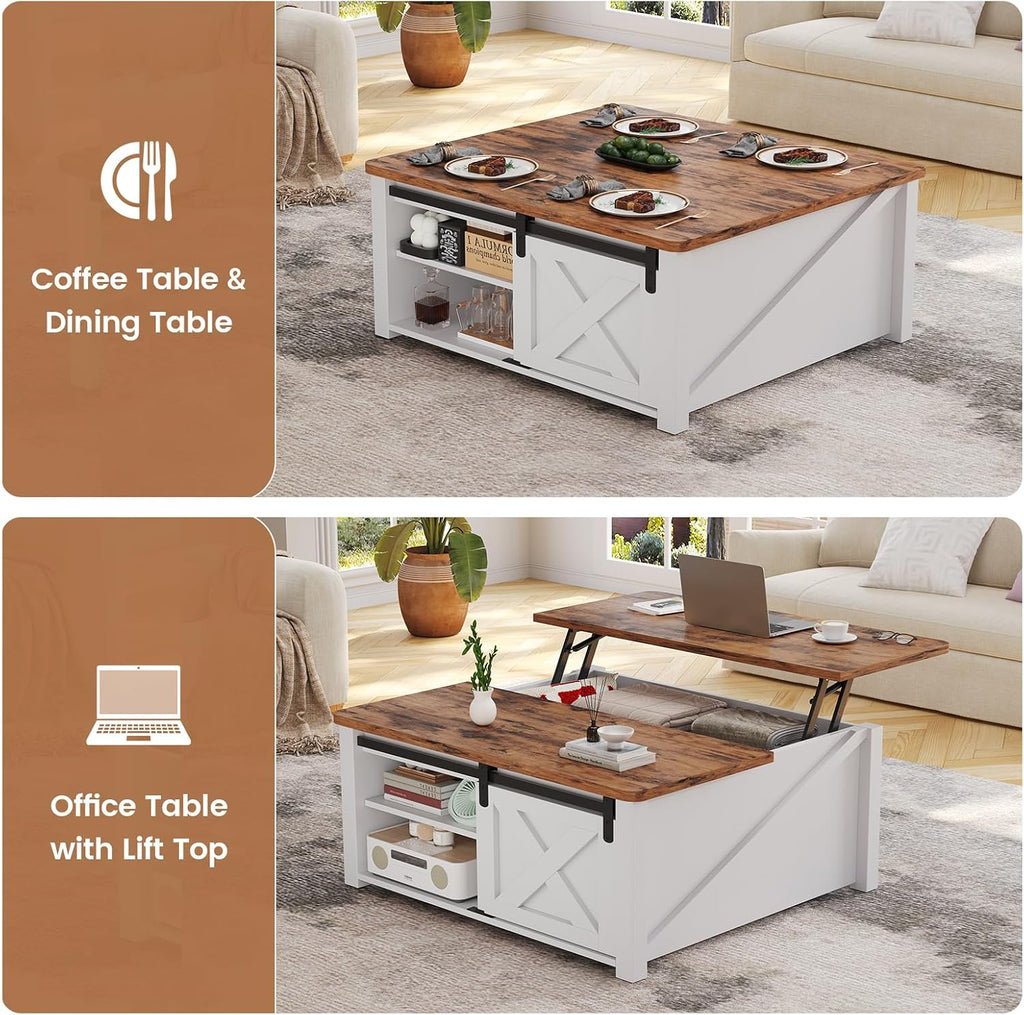 SEDETA 31.5' Lift Top Coffee Table with Storage, Square Coffee Tables for Living Room, Farmhouse Coffee Table with Large Hidden Storage Compartment and Adjustable Shelves, White