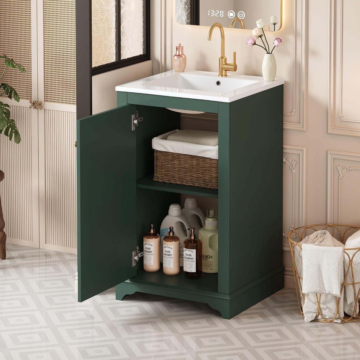 Merax 20' Narrow Bathroom Vanity with Ceramic Sink, Freetanding Modern Single Vanity Set with Soft Closing Door and Adjustable Shelf (Green)