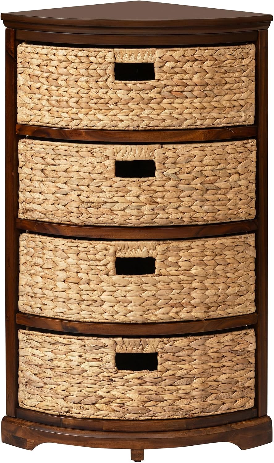 eHemco Hampton Meadows 4 Tier X-Side Corner Table Storage Cabinet with 4 Wicker Baskets, Walnut
