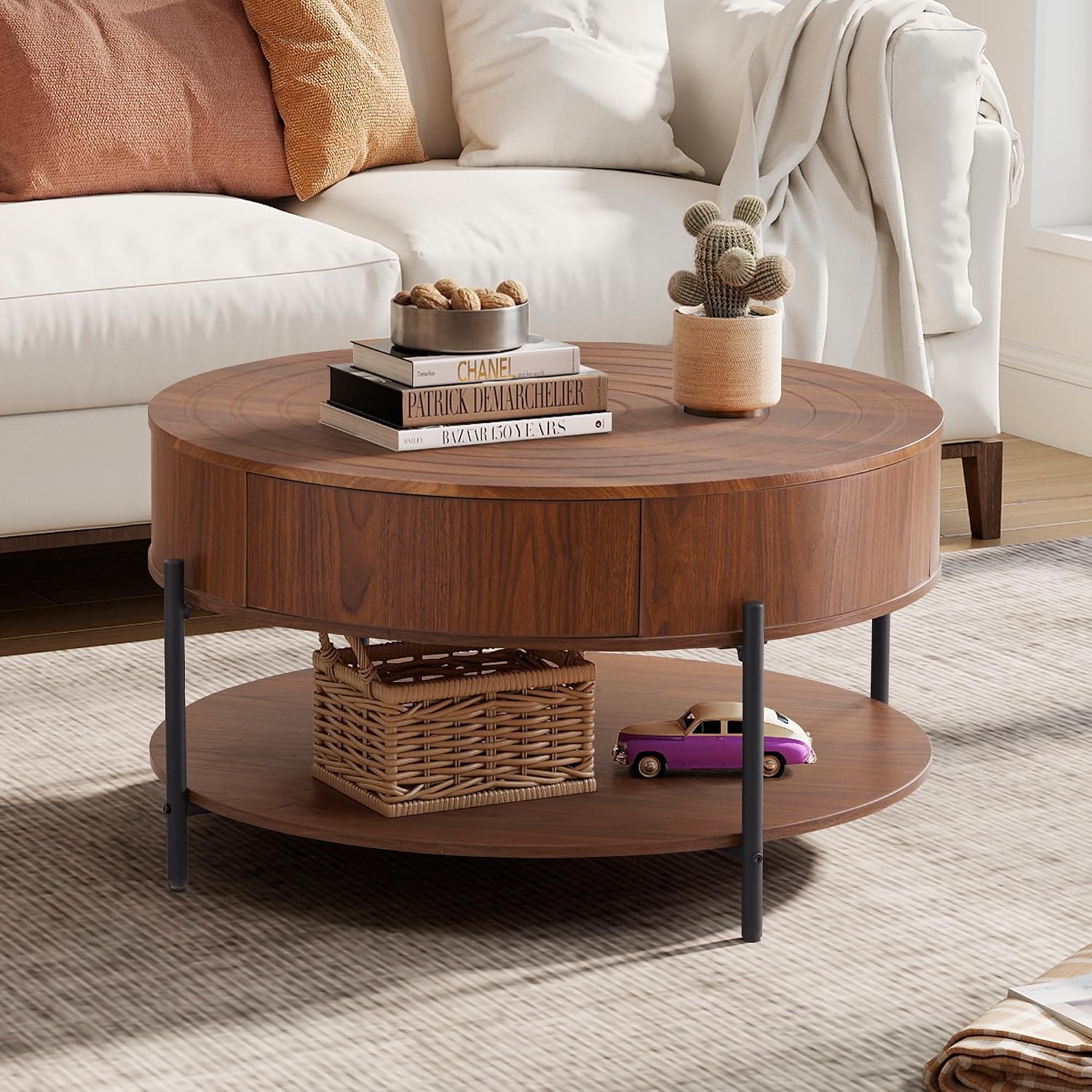 RARZOE 30.5' Round Coffee Table with Storage, Wooden Circle Coffee Table with Drawer, Storage Shelf, Metal Legs，Small Dining Table Accent Center Table for Living Room Home Office Apartment,Walnut