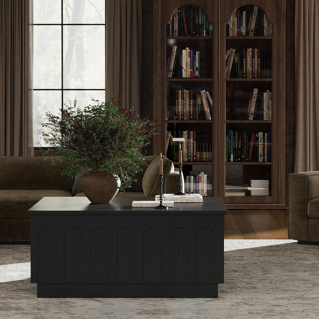 FORTUNETEC Lift Top Coffee Table with Storage, Modern Coffee Table with Arched Design, 31.5' Square Tea Table with Wood Grain, Minimalist Multifunctional Center Table for Living Room, Office, Black