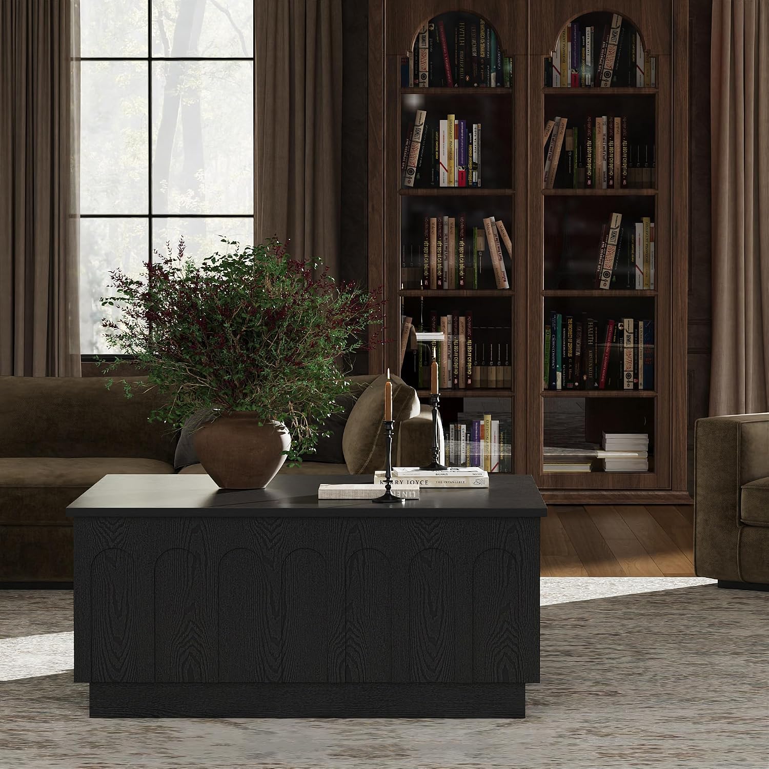 FORTUNETEC Lift Top Coffee Table with Storage, Modern Coffee Table with Arched Design, 31.5' Square Tea Table with Wood Grain, Minimalist Multifunctional Center Table for Living Room, Office, Black