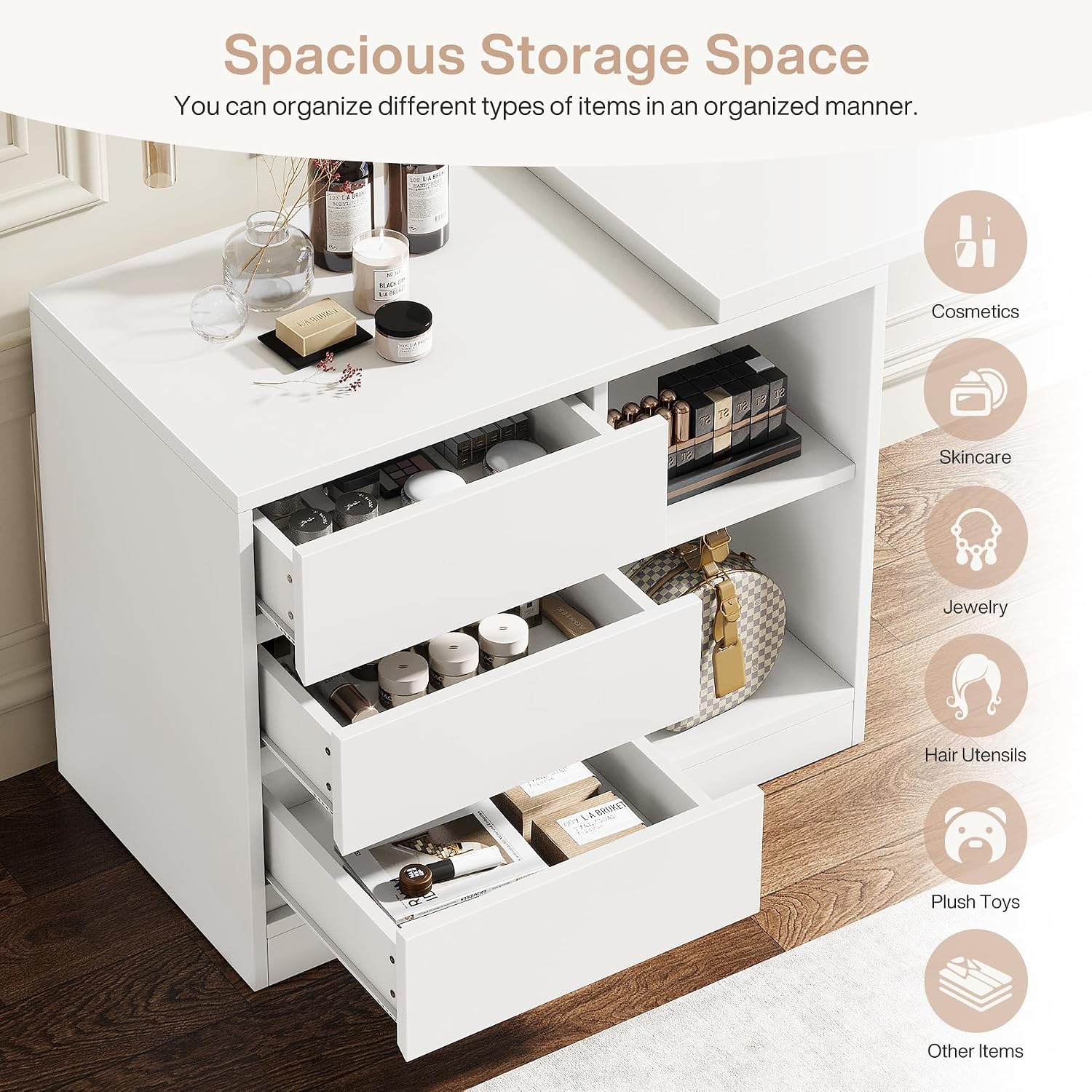 Tribesigns Vanity Desk with 3 Drawers and 2 Shelves, Small Makeup Table with Reversible Adjustable Storage Cabinet, Modern Corner Dressing Table for Bedroom, Makeup Room (Without Mirror) (Matte White)