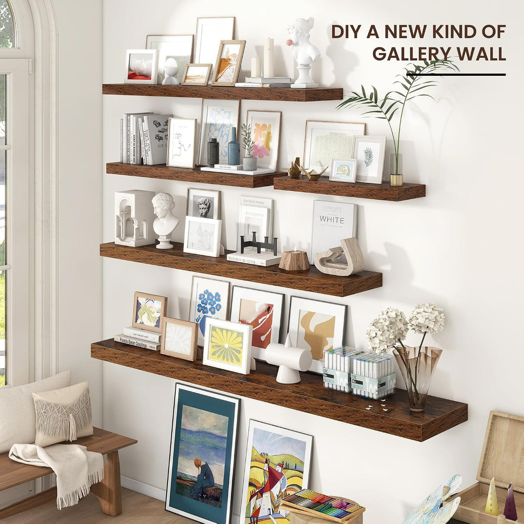 Floating Shelf for Wall 71 inch Long, Engineered Wood Large Wall Shelves with Invisible Brackets for Living Room Bedroom Bathroom Office Kitchen Decor and Storage, Rustic Brown Finish, Set of 1