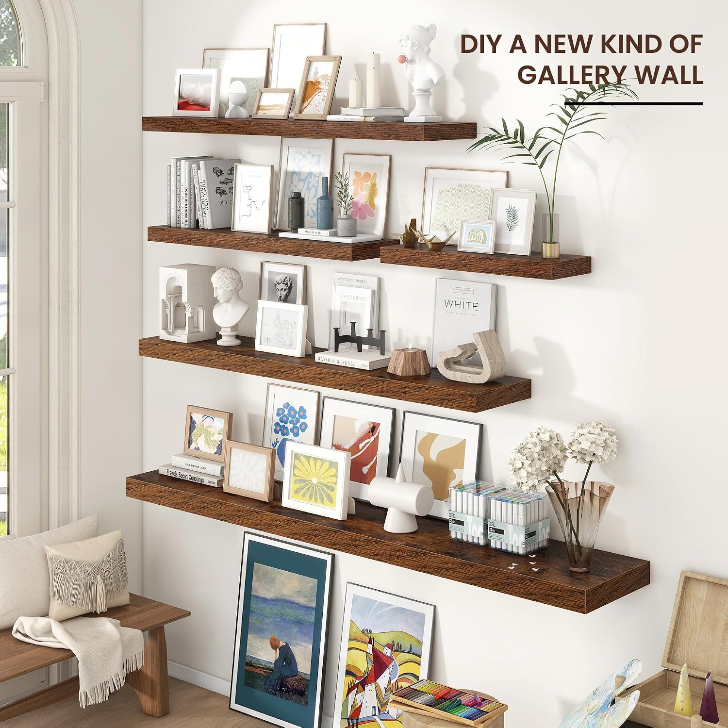 Floating Shelf for Wall 71 inch Long, Engineered Wood Large Wall Shelves with Invisible Brackets for Living Room Bedroom Bathroom Office Kitchen Decor and Storage, Rustic Brown Finish, Set of 1