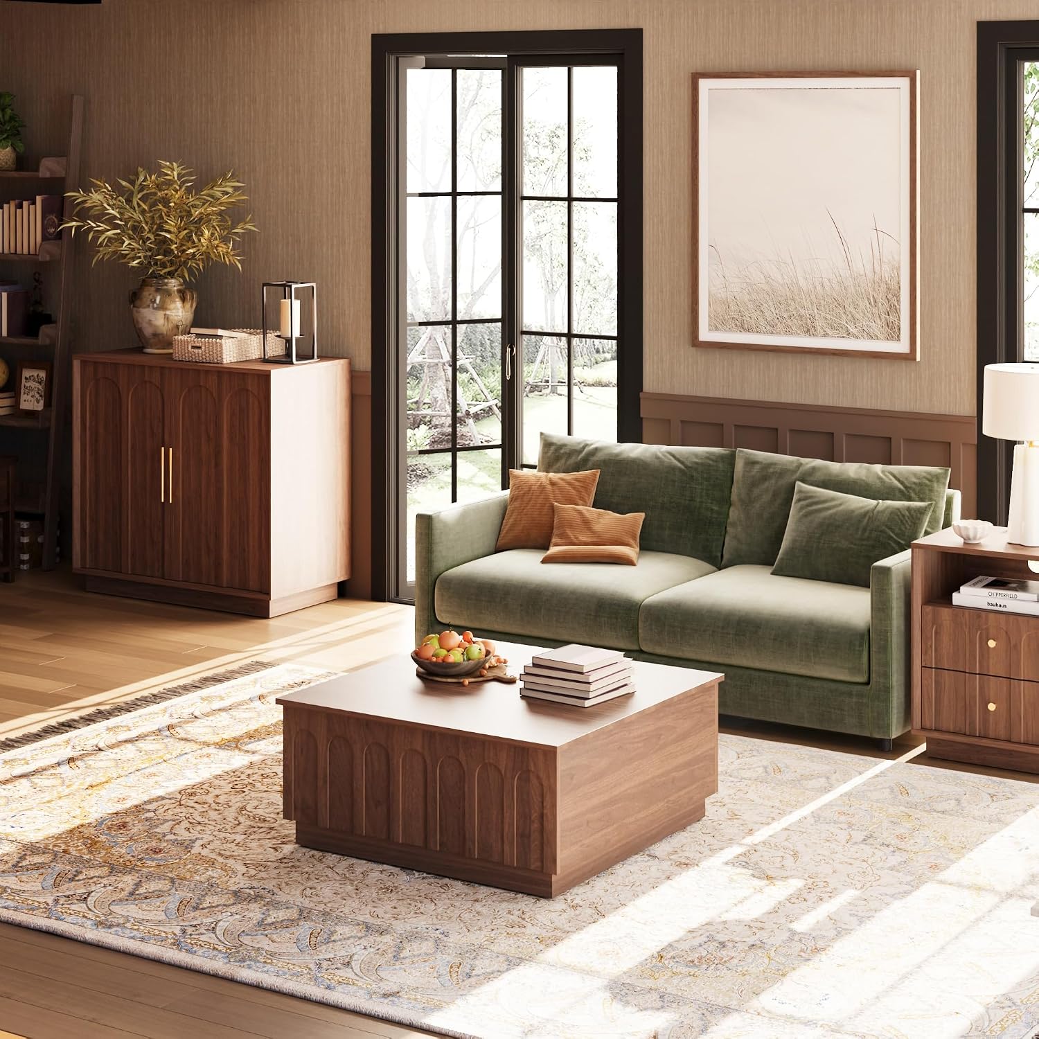 FORTUNETEC Lift Top Coffee Table with Storage, Modern Coffee Table with Arched Design, 31.5' Square Tea Table with Wood Grain, Minimalist Multifunctional Center Table for Living Room, Office, Walnut