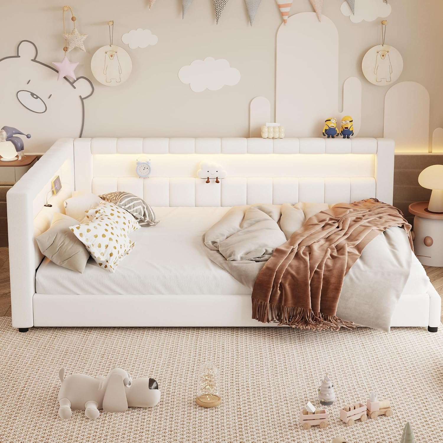 Upholstered Full XL Size Daybed with LED and USB Ports, L-Shaped Corner Day Bed with Storage Shelves Headboard,Space Saving for Girls Adults Kids Boys, White