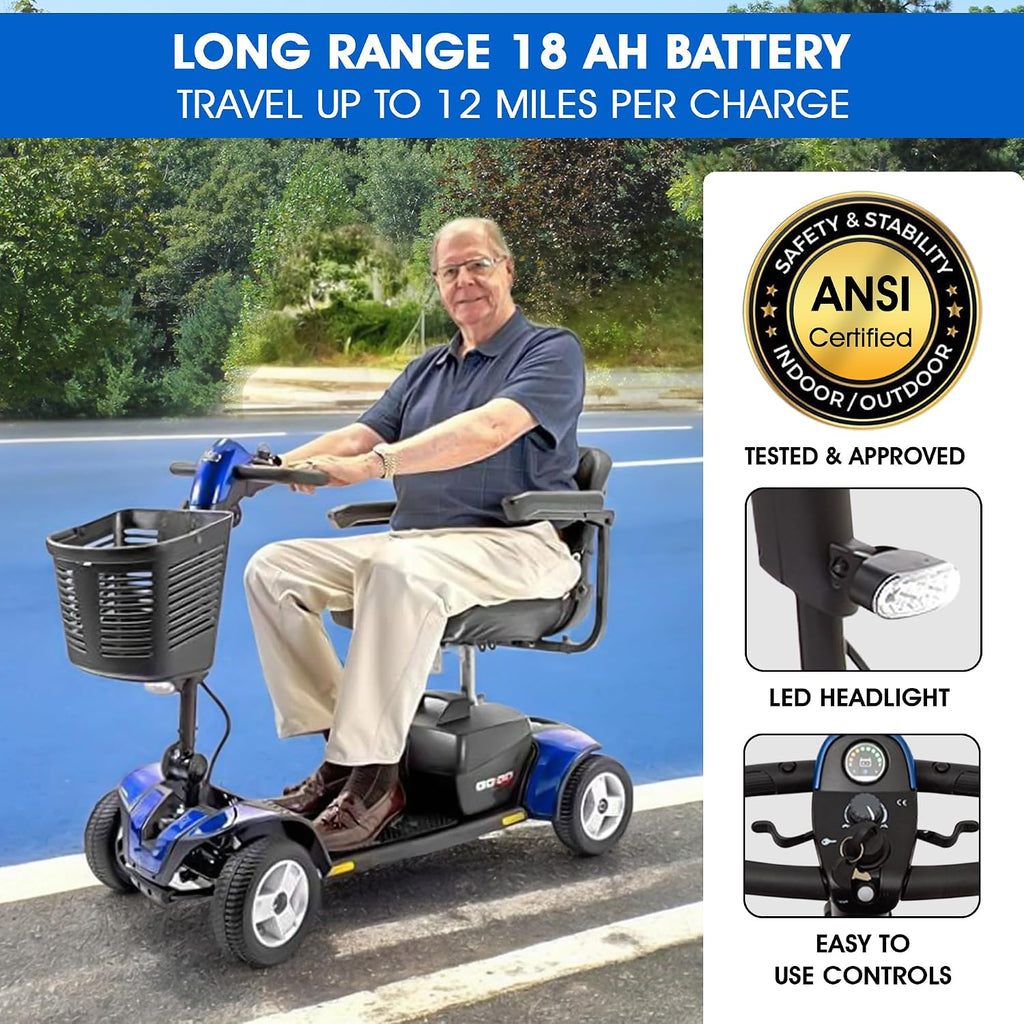 Pride Go Go Sport 4 Wheel Mobility Scooter + Lockable Storage Pod, Rear Basket, Cell Phone Mount, New Easy Turn Feature, LED Headlight, Foldable Seat, 325 Lbs Capacity, Warranty