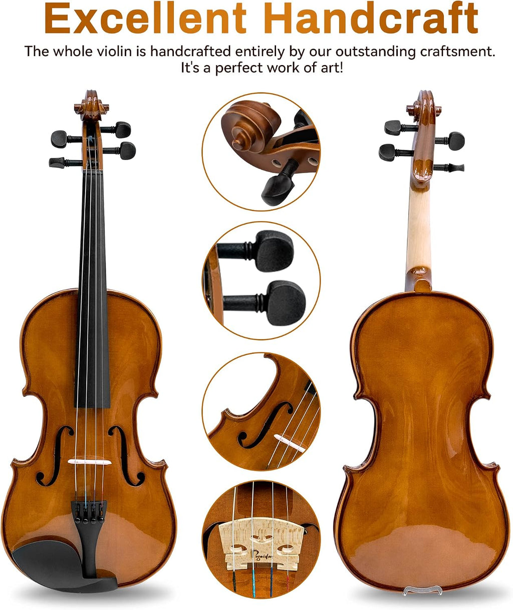 Poseidon Violin for Beginners Adult Fiddle Set, Acoustic Violin Solid Wood Violin 4/4 with Case, Two 4/4 Strings, Two Bows, Two Bridges, Two Rosins, Clip-on Tuner, Shoulder Rest Manual - Glossy German