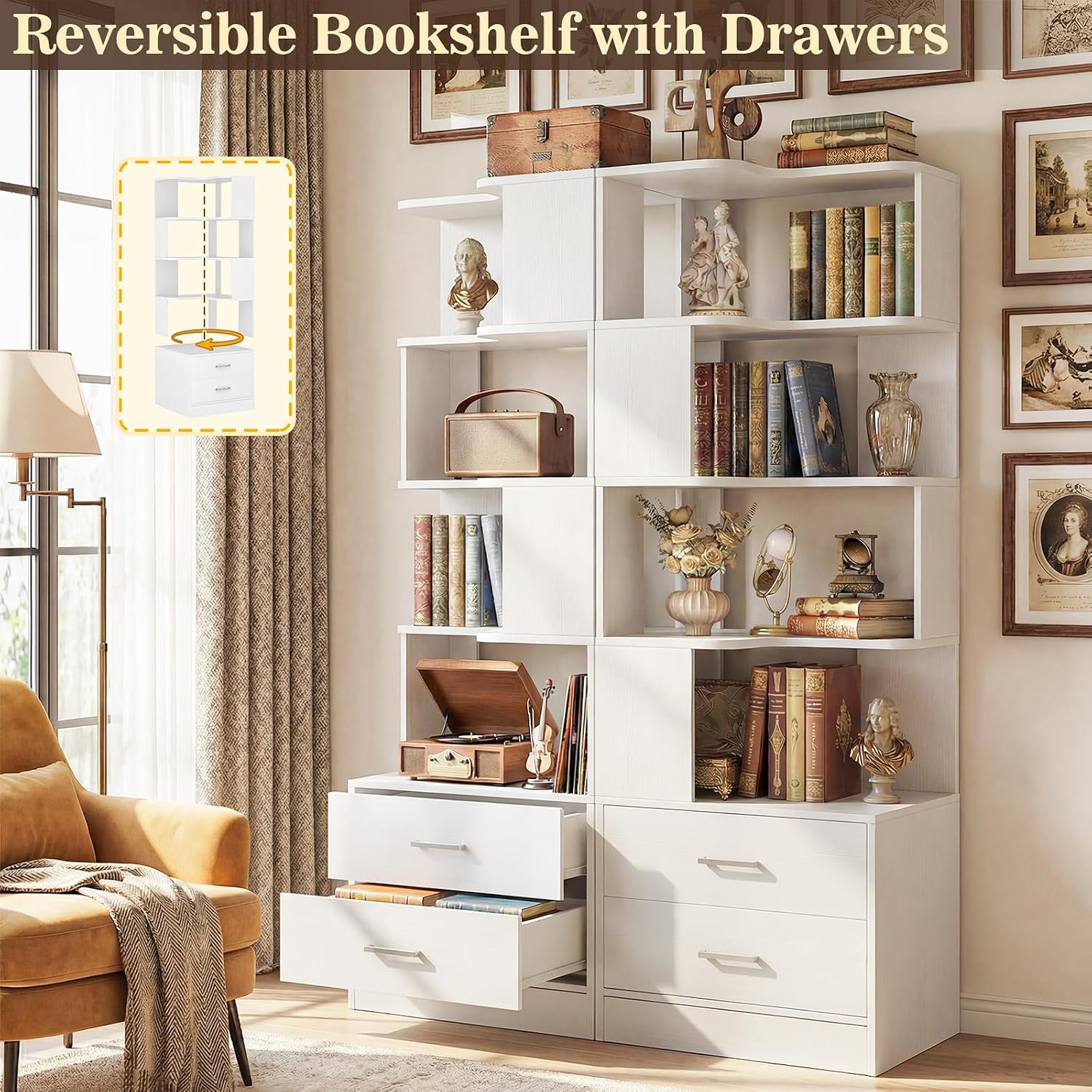 Armocity Corner Bookshelf with Drawers, 7 Tier Corner Book Shelf Display Bookcase, Freestanding L Shaped Bookshelf for Bedroom, Home Office, White