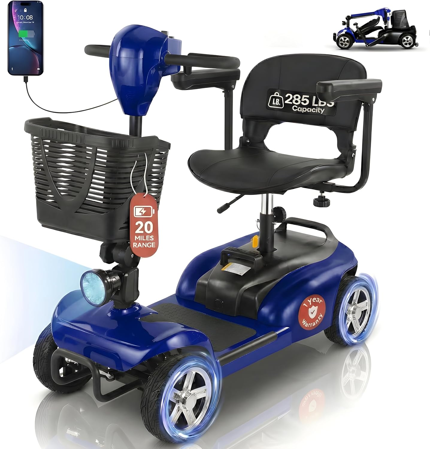 DECOMIL Mobility Scooter for Seniors – 20 Miles Range, 4 Wheel Foldable Electric Scooter, 24V 20Ah Battery, 300W Motor, 285 lbs Capacity, Travel Scooter with USB Charging Input,