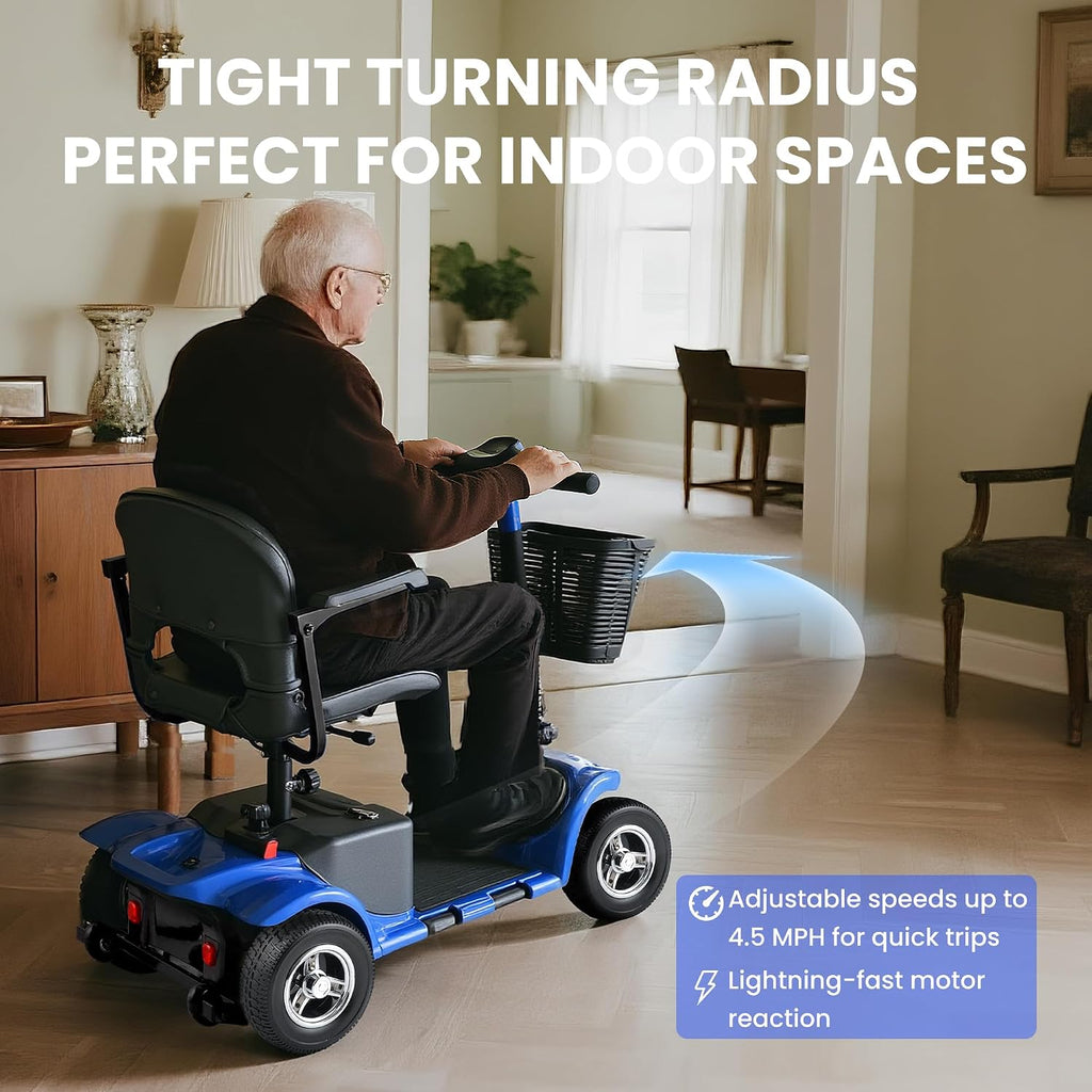 Mobility Scooters for Senior Adults, 15 Mile Electric Mobility Scooter with Detachable Battery, 4 Wheels Foldable Mobility Scooter with LED Headlights and USB Charging Port, 300 lbs Capacity (Blue)