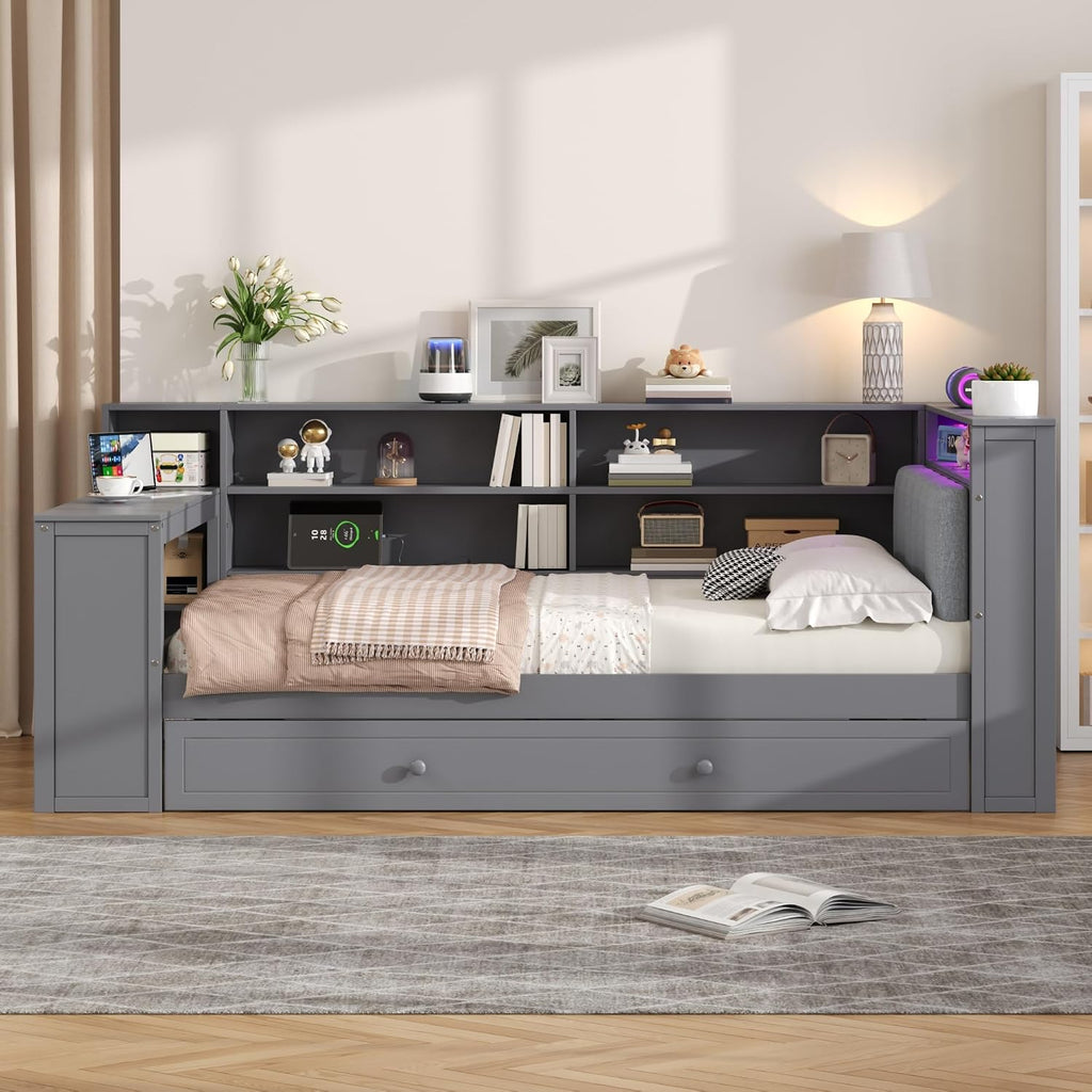 Merax Multifunctional Twin Size Daybed with Trundle, Built-in Desk, Wood Corner Bed with 8 Storage Shelves, Charging Station, and Upholstered Headboard, Grey