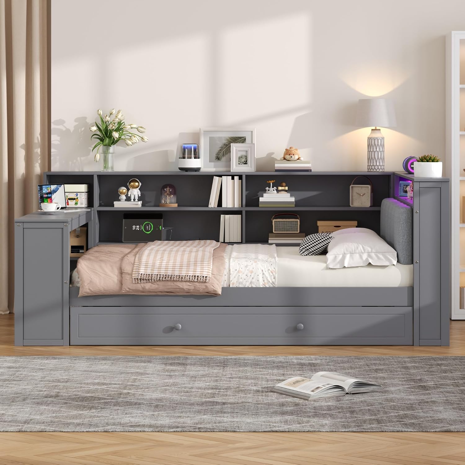 Merax Multifunctional Twin Size Daybed with Trundle, Built-in Desk, Wood Corner Bed with 8 Storage Shelves, Charging Station, and Upholstered Headboard, Grey