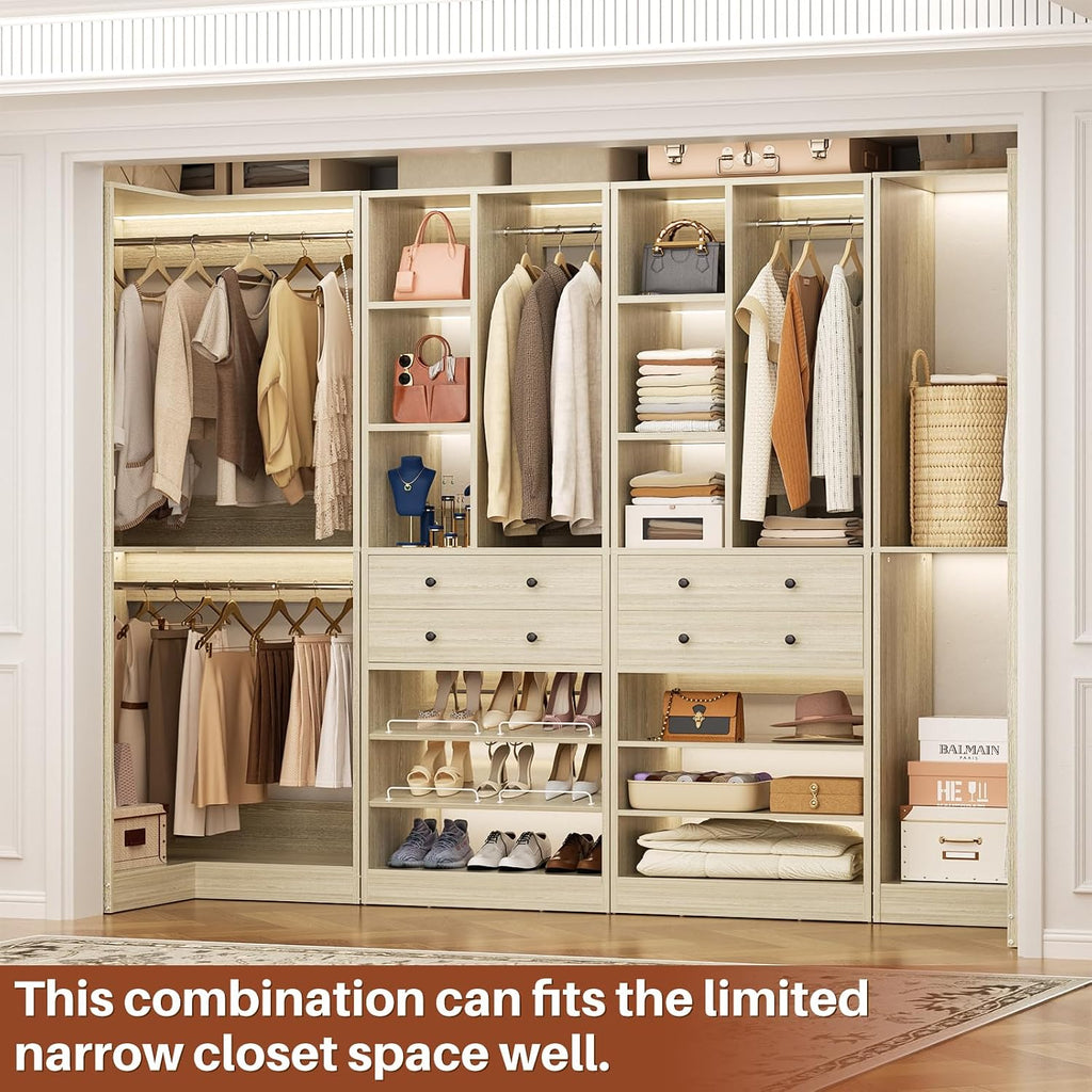 Besiost Closet System with 4 Drawers & Corner Tower, Closet Organizer System with 4 Hanging Robs, Reversible U Shaped Walk-in Closet System, Load 2600+LBS Capacity, Set of 4, Greige Oak