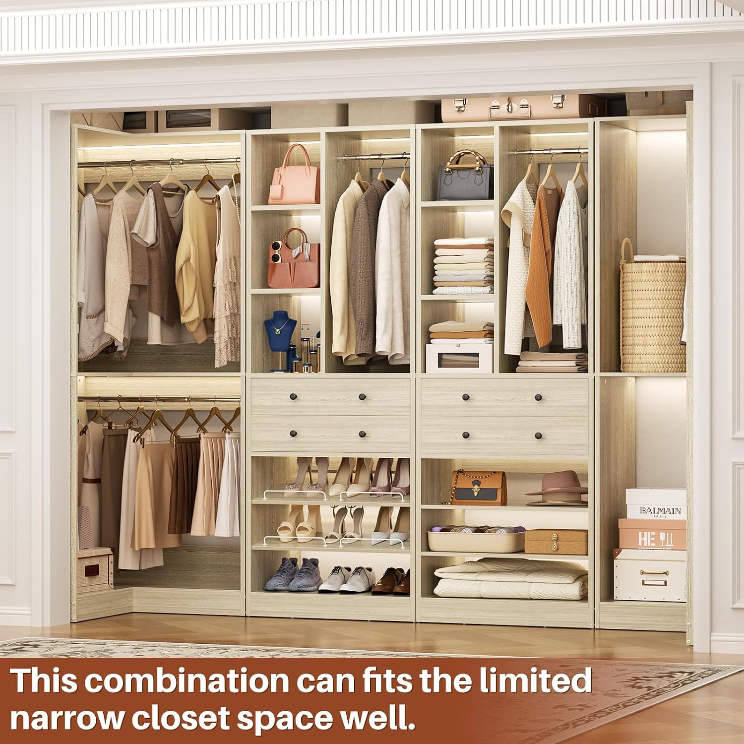 Besiost Closet System with 4 Drawers & Corner Tower, Closet Organizer System with 4 Hanging Robs, Reversible U Shaped Walk-in Closet System, Load 2600+LBS Capacity, Set of 4, Greige Oak