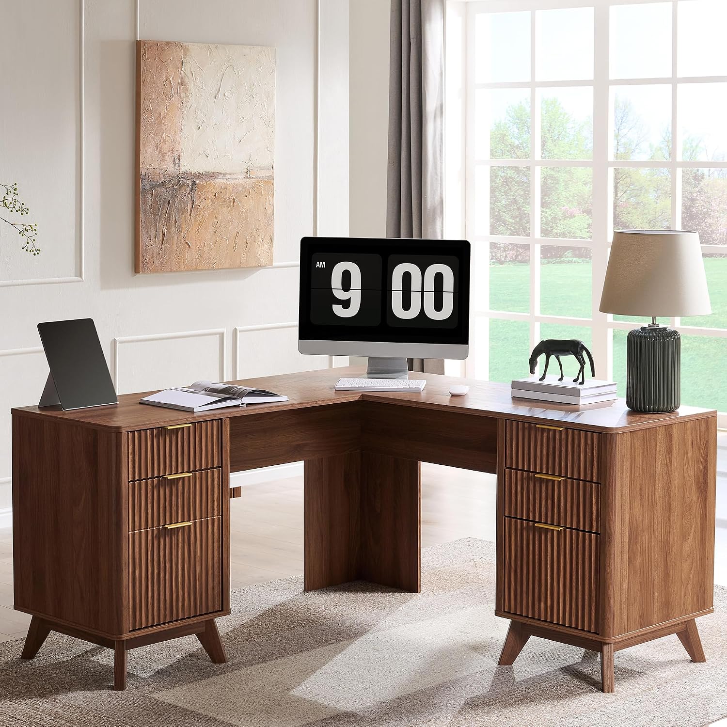 T4TREAM 60'' Fluted Executive L Shaped Desk, Modern Home Office Desk with Charging Station and File Drawer, Computer Corner Desks with Drawers & Storage Cabinet for Office Home, Bedroom, Light Walnut