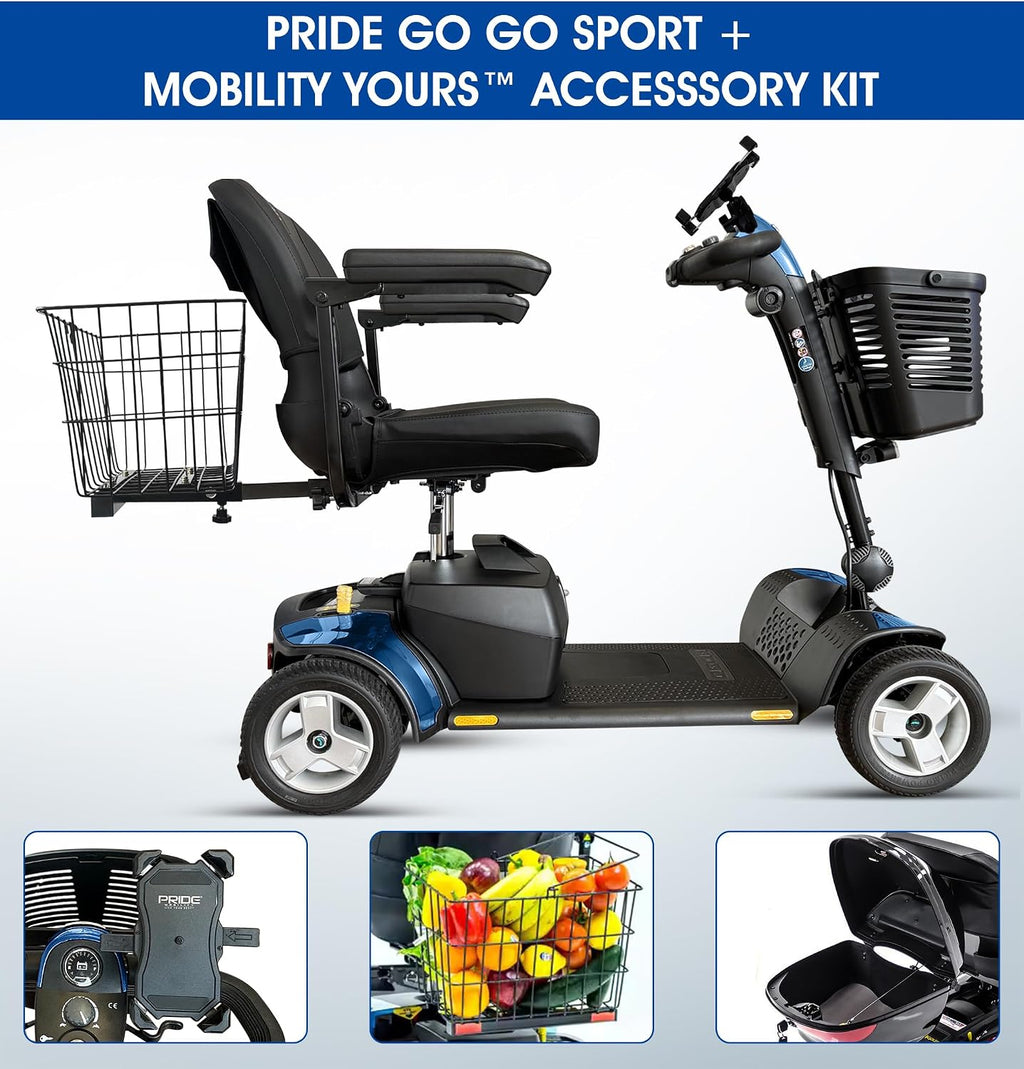Pride Go Go Sport 4 Wheel Mobility Scooter + Lockable Storage Pod, Rear Basket, Cell Phone Mount, New Easy Turn Feature, LED Headlight, Foldable Seat, 325 Lbs Capacity, Warranty