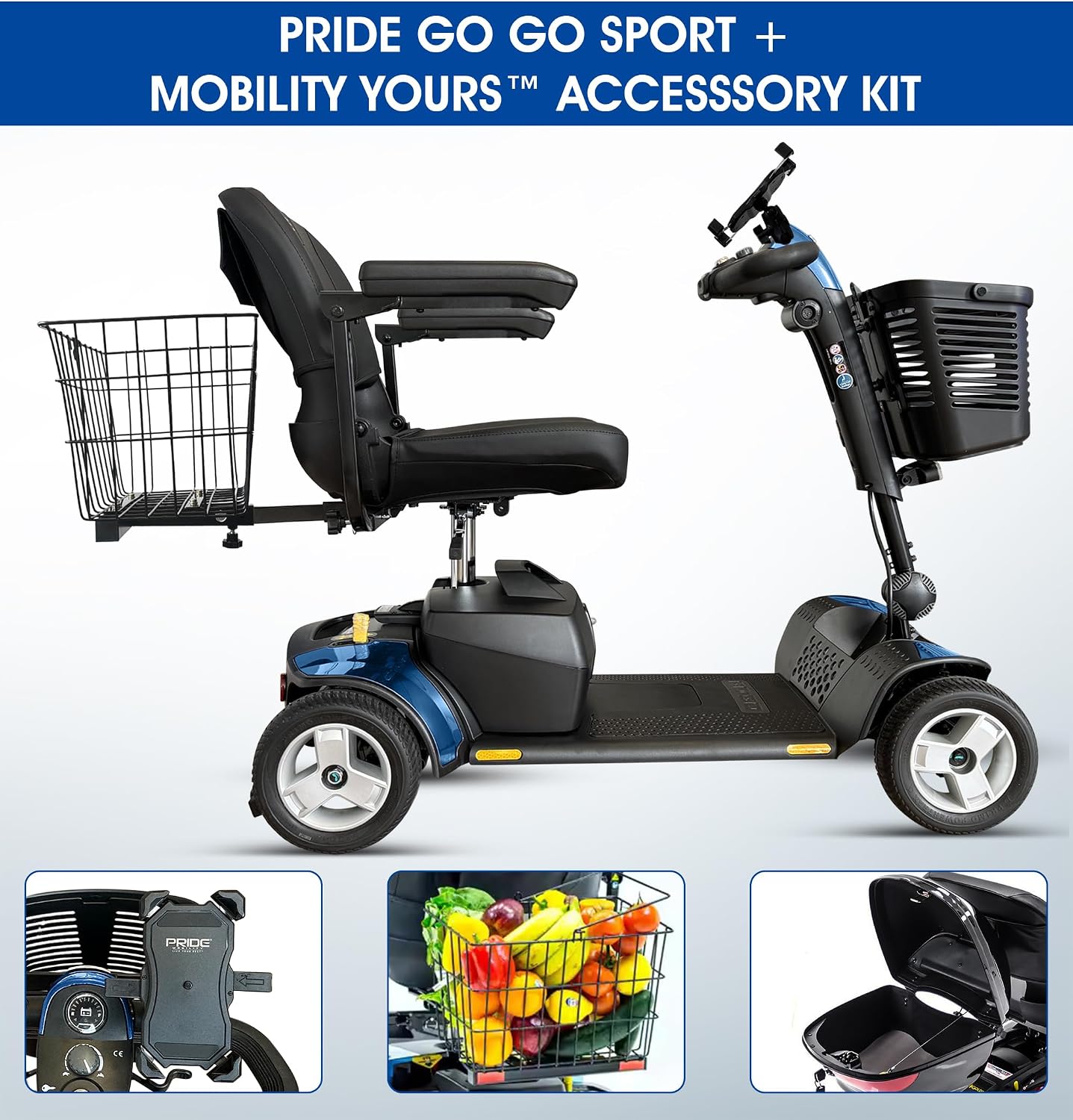 Pride Go Go Sport 4 Wheel Mobility Scooter + Lockable Storage Pod, Rear Basket, Cell Phone Mount, New Easy Turn Feature, LED Headlight, Foldable Seat, 325 Lbs Capacity, Warranty