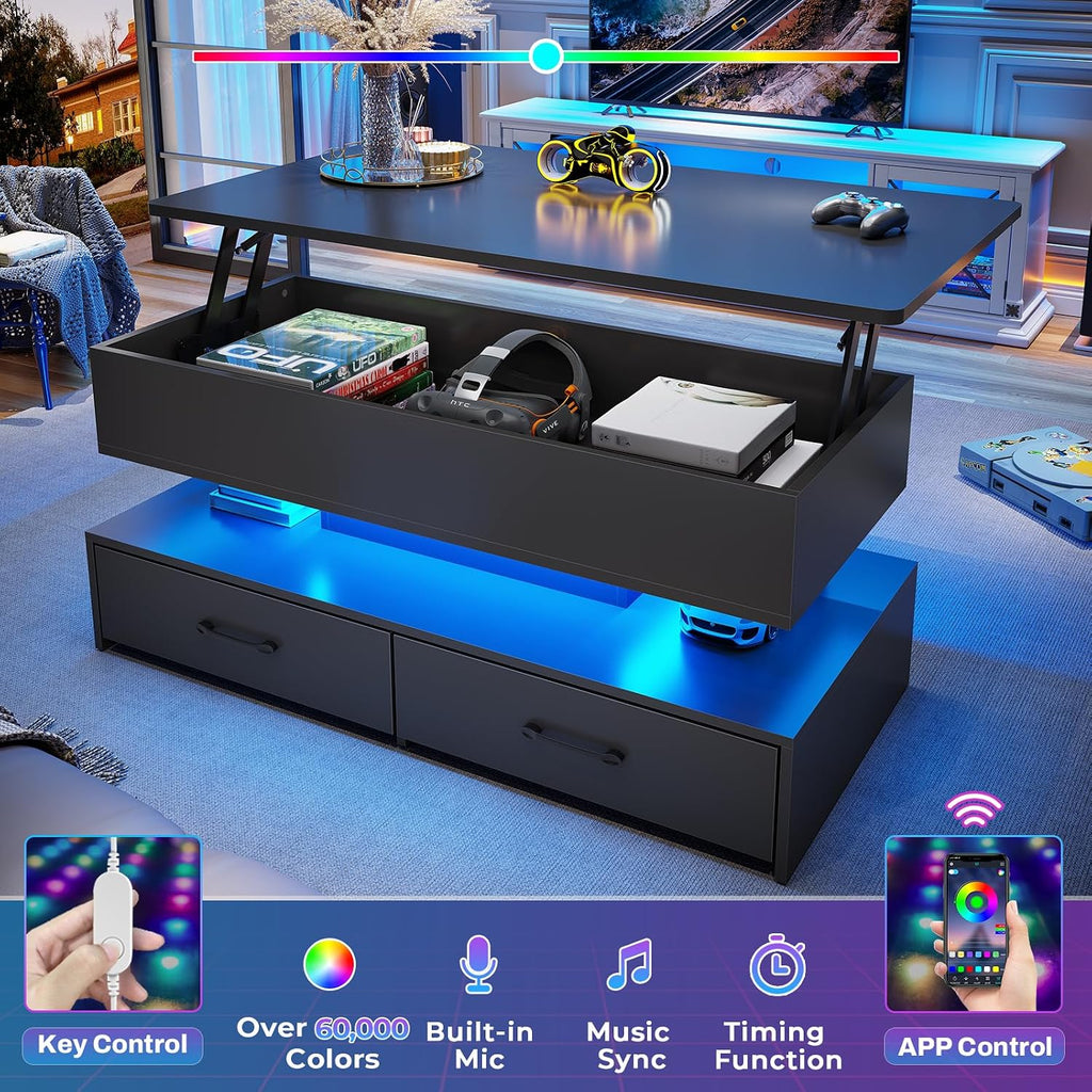 SEDETA 40' Lift Top Coffee Table, Coffee Tables with Storage for Living Room, Small Coffee Table with 2 Drawers & LED Light for Dining Reception Room, Black