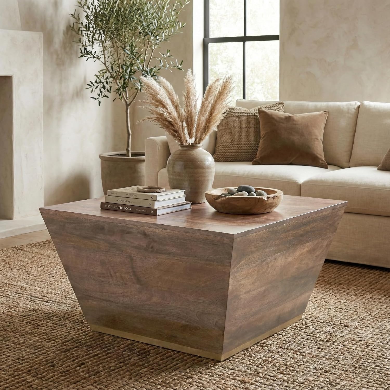 SIMPLIHOME Abba Square Coffee Table - 28 inch Wide Solid Mango Wood Modern Cocktail Table in Acacia Brown, Contemporary Table for Living Room with Low Profile Block Design, Assembled