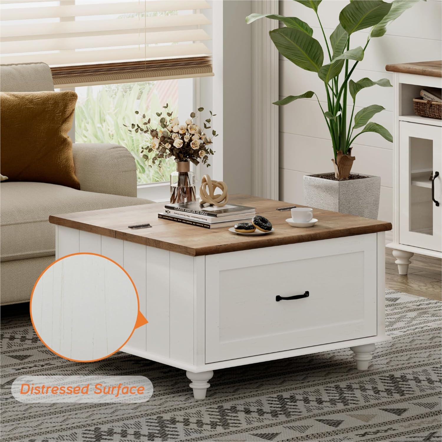 WAMPAT Farmhouse TV Stand and Coffee Table Set of 2, Square Coffee Table with Lift Top & Drawer, White Entertainment Center for 70 Inch TV, 2 Piece Living Room Table Set, White