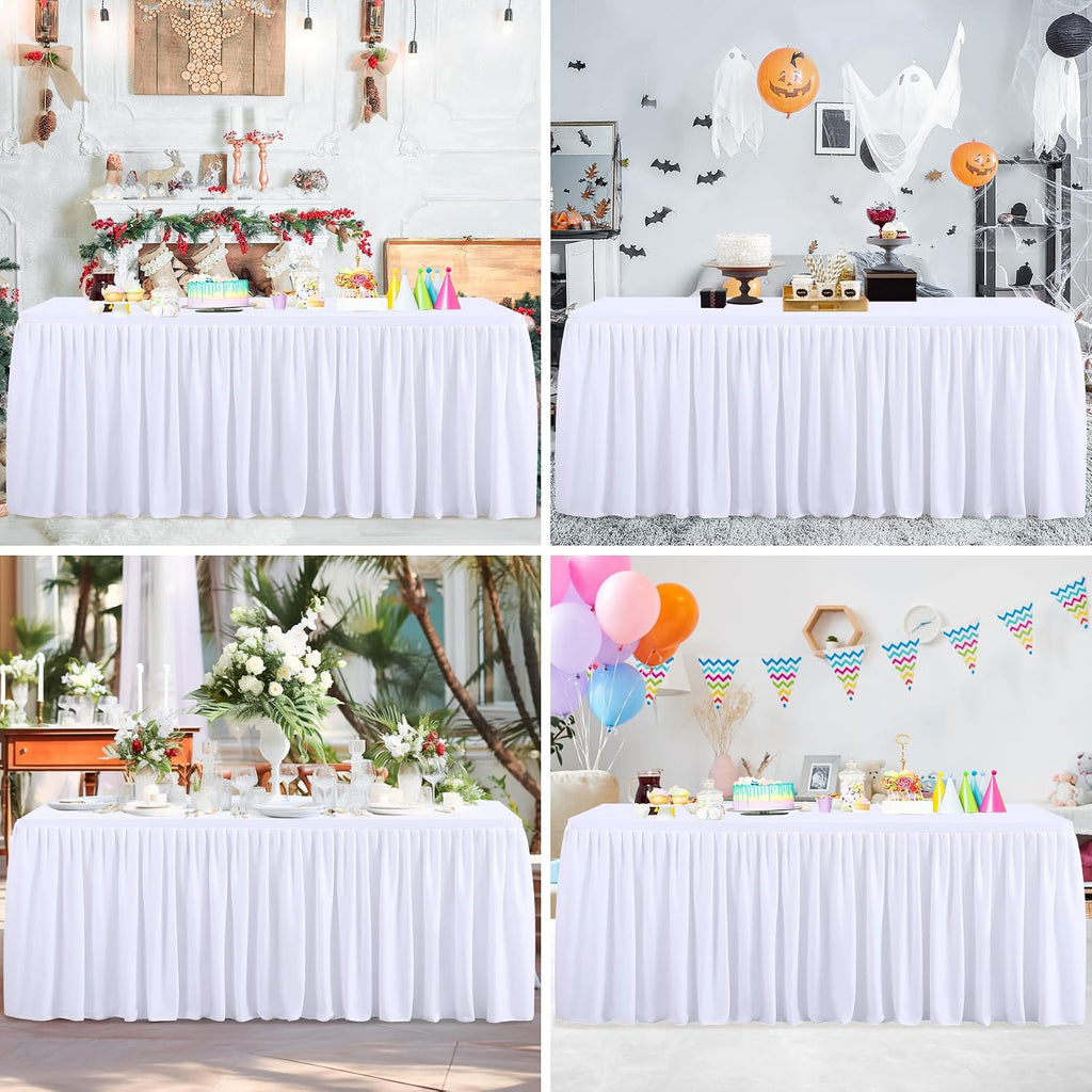 6 Packs White Tableclothes for 6 Foot Rectangle Tables, Wrinkle Free Fitted Table Cloth 6ft Stretch Table Cover with Skirt for Parties Weddings Birthday Banquet Baby Shower