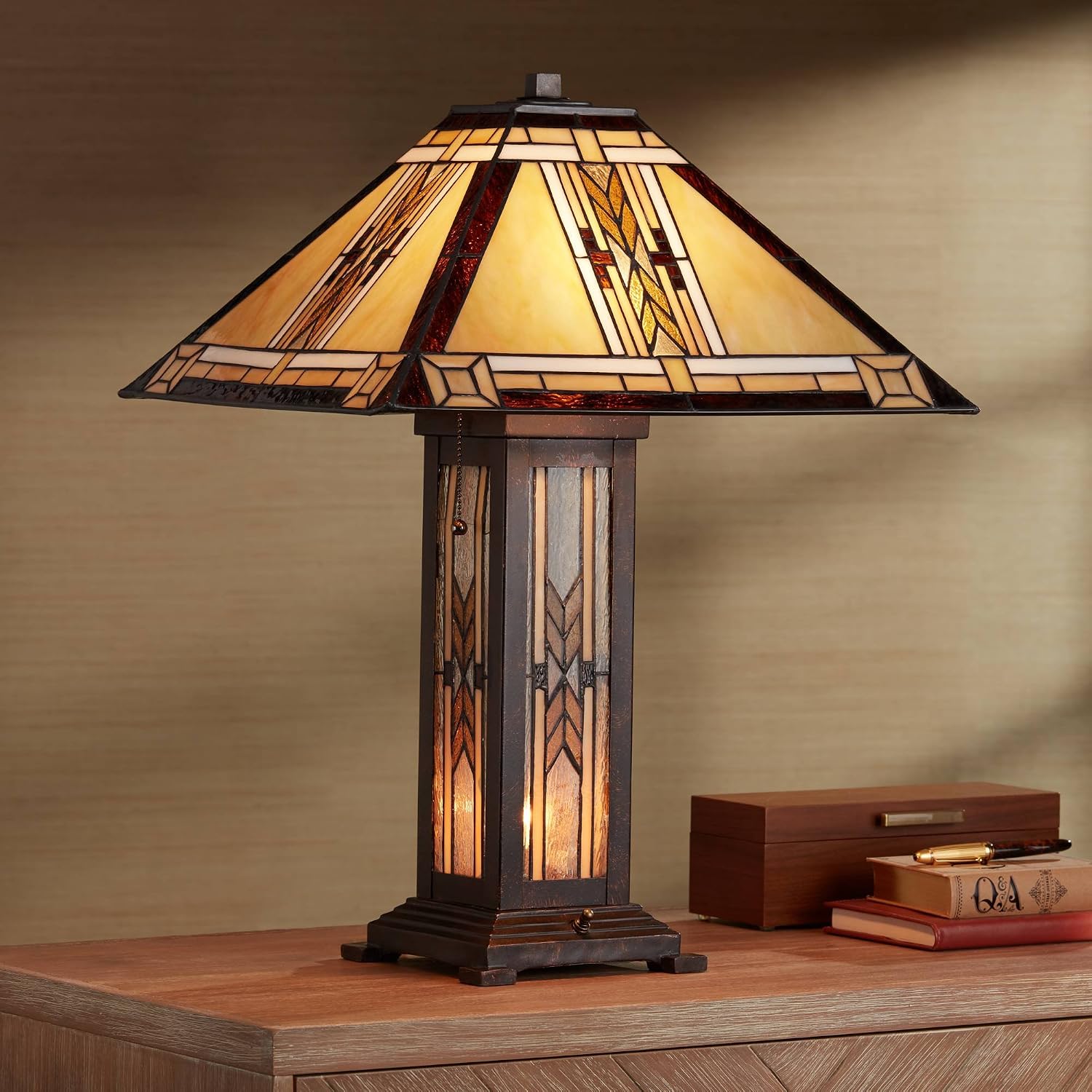 Franklin Iron Works Drake Mission Collection 25 1/2' High Tiffany-Style Farmhouse Rustic Southwestern Table Lamp Night Light Pull Chain Yellow Brown Art Glass Single Living Room Bedroom Bedside
