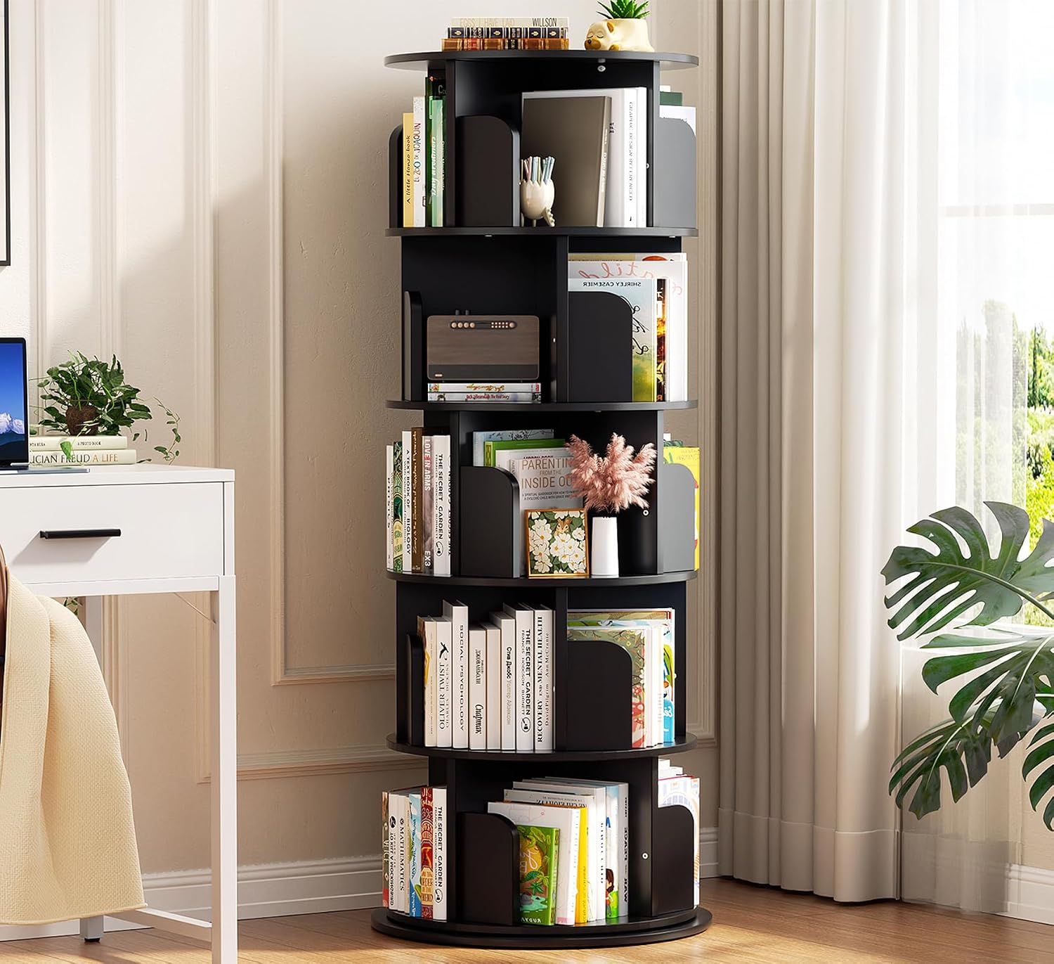 Aheaplus 5 Tier Rotating Bookshelf, Wood Spinning Bookshelf Tower, Round Revolving 360 Bookcase, Narrow Turning Book Shelf Rolling Corner Organizer for Small Space, Bedroom, Office, Black