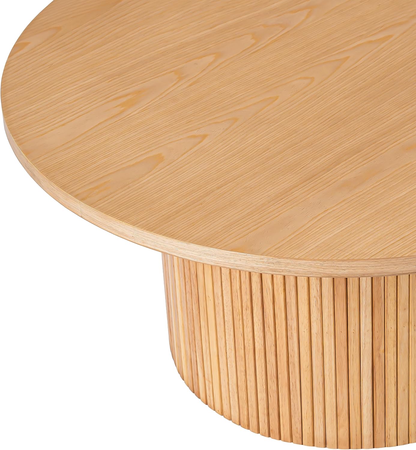Large Round Wood Coffee Table, Mid Century Modern, Drum Shape, 35.5' Diameter, for Living Room, Natural Solid Wooden