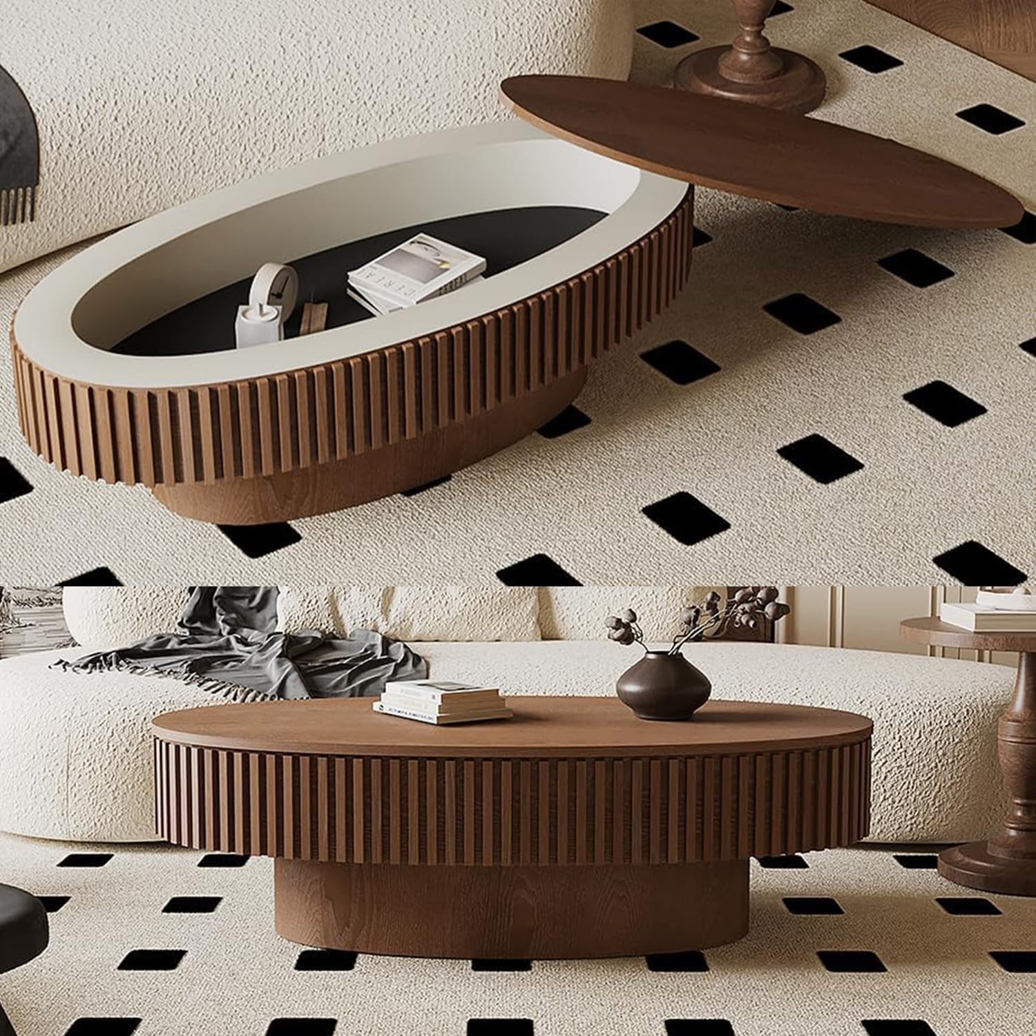 47.2'' Oval Coffee Table with Storage for Living Room Wood Fluted Coffee Table Mid Century Modern Coffee Tables with Lid Pedestal Center Tables for Apartment Walnut