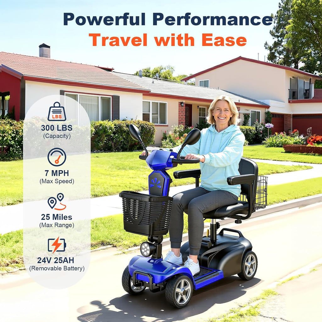 15/25/30/50Miles Eldryvon 4 Wheels Electric Mobility Scooter for Seniors, Dual Basket, 350W Powered Wheelchair with Rotating Seat, Mirrors, Foldable Motorized Scooter for Adults (Blue, 25Miles)