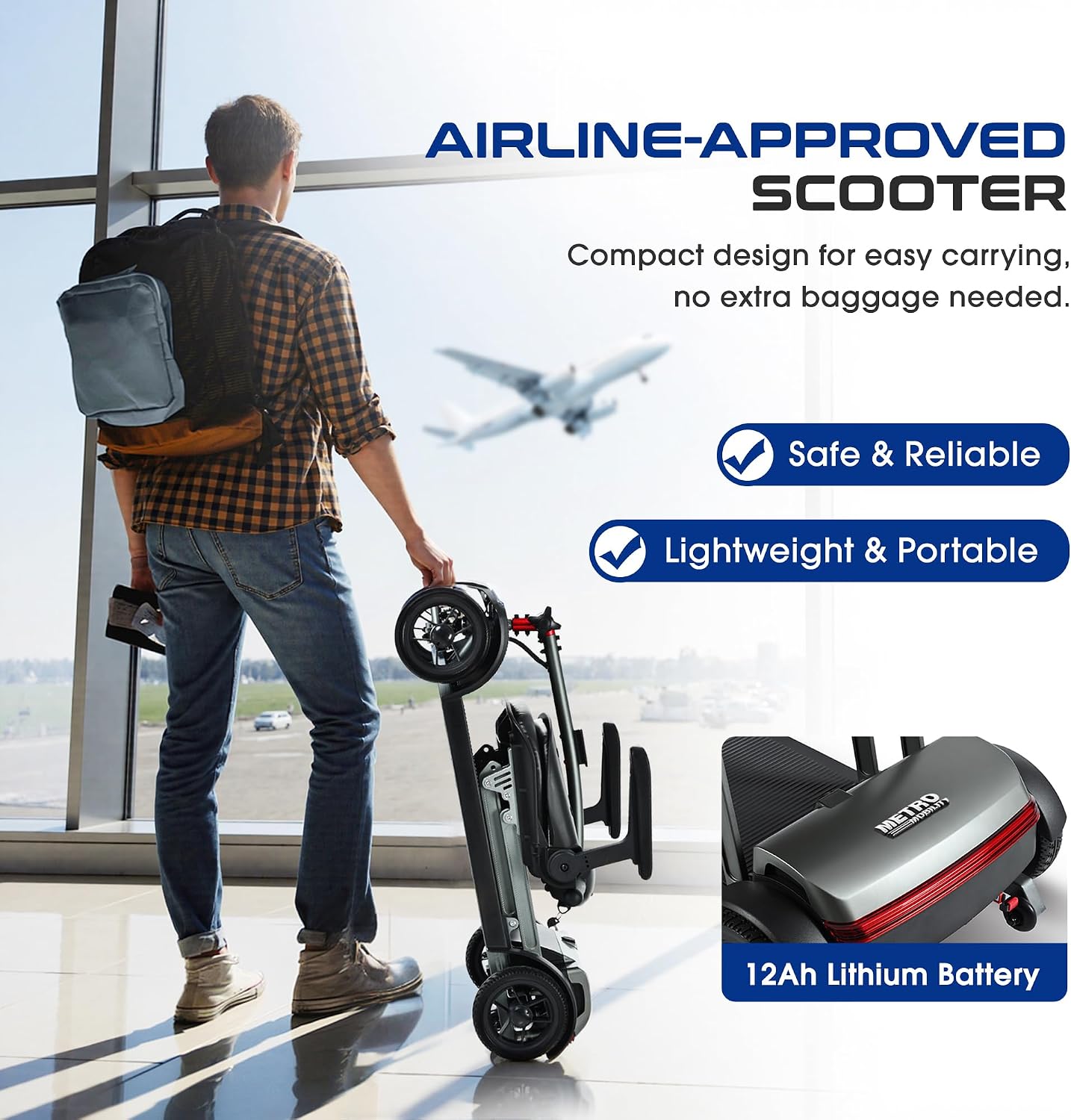Metro Airline Approved Folding Mobility Scooter Lightweight for Seniors & Adults 300 lbs 4 Wheel Portable Electric Handicap All Terrain Travel Mobility Scooters Foldable Collapsible