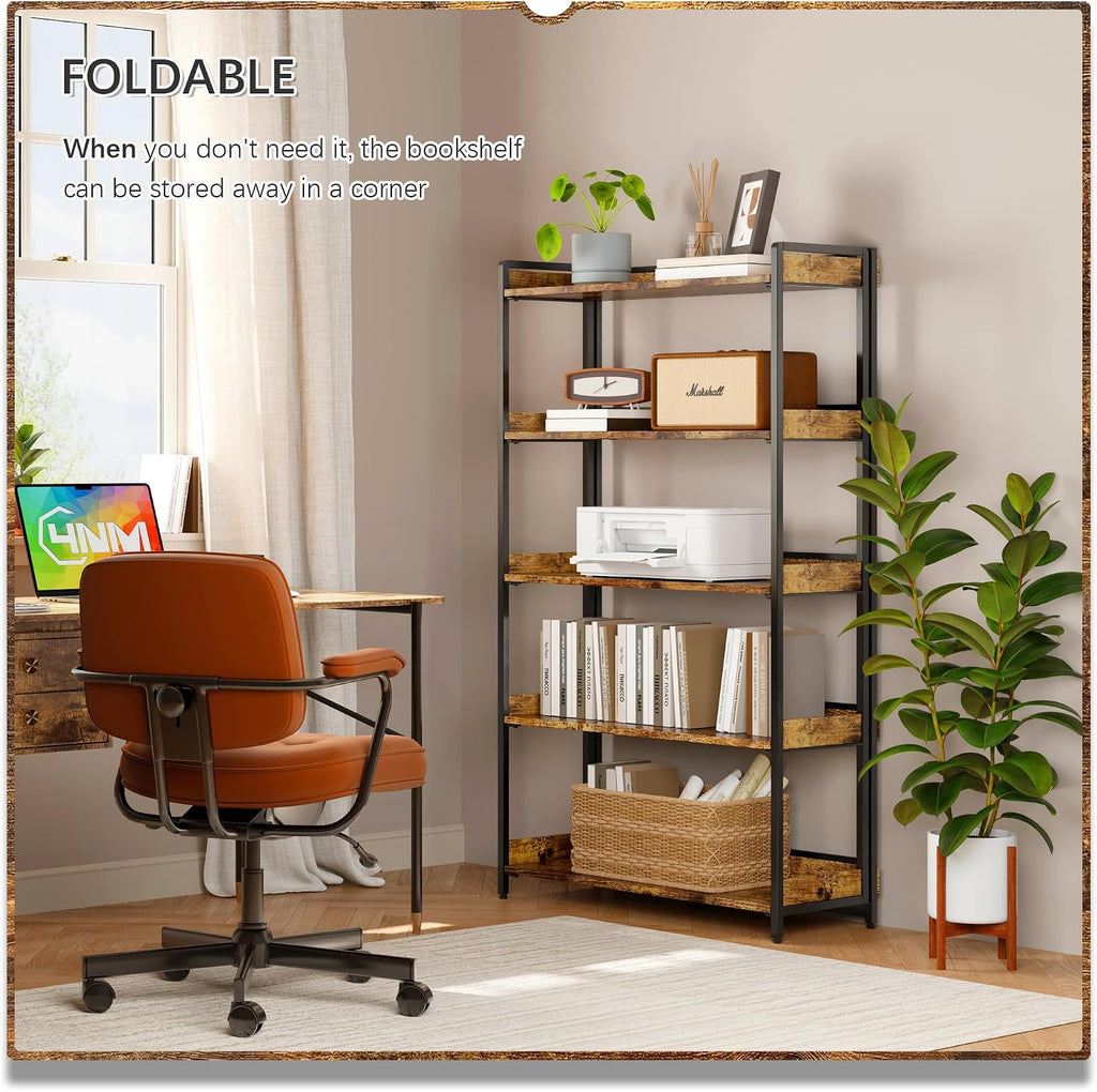 4NM Extra Wdie No Assembly Folding Bookshelf, 64.3' H x 30.9' W, 5 Tier Collapsible Book Shelf Bookcase Foldable Shelves for Bedroom Living Room Home Office - Rustic Brown & Black