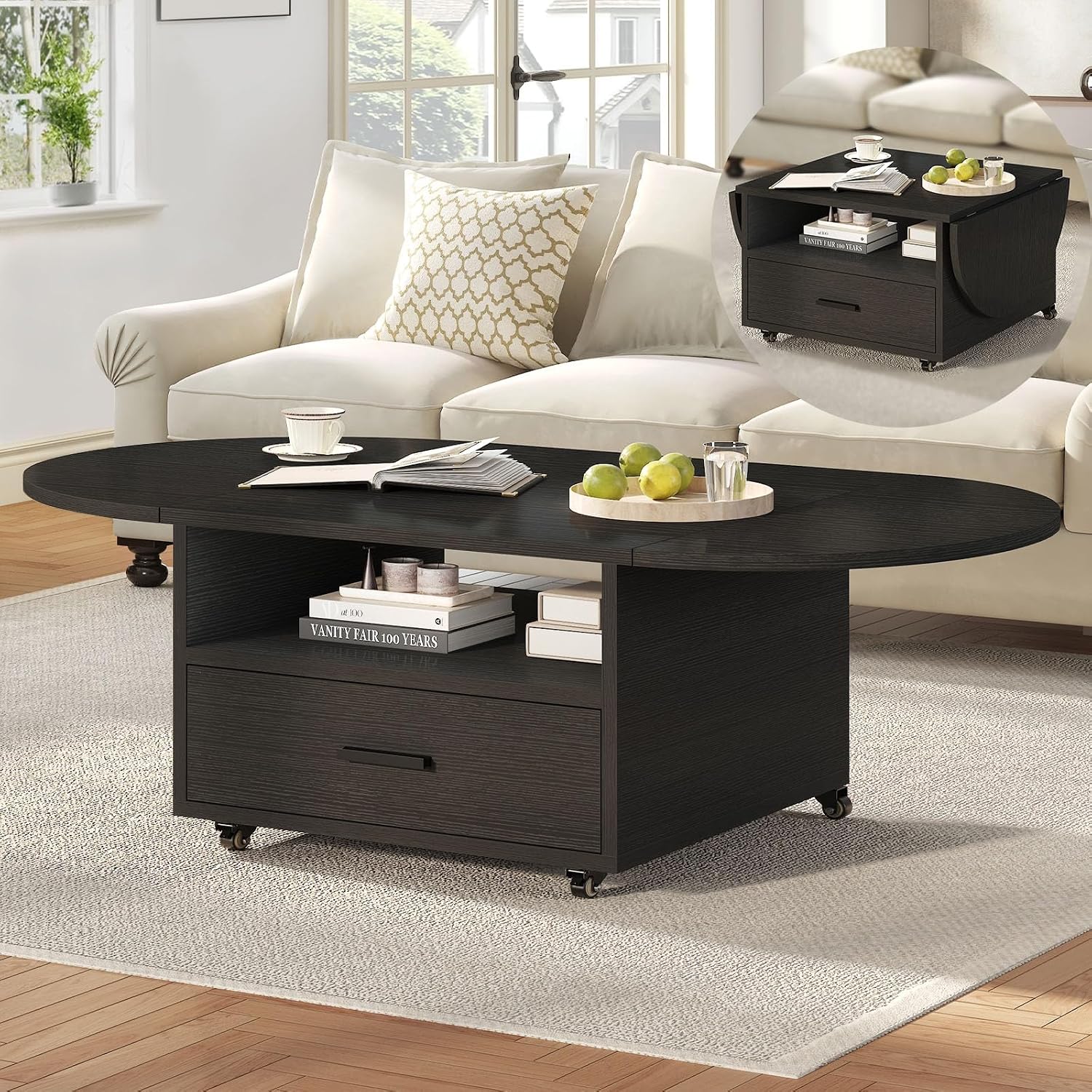 IBF Black Coffee Table with Drawer, Oval Foldable Center Table with Storage, Modern Wood Living Room Table with Wheels, Multifunctional Extendable Tea Table for Home Bedroom Office, Black Oak, 47 Inch